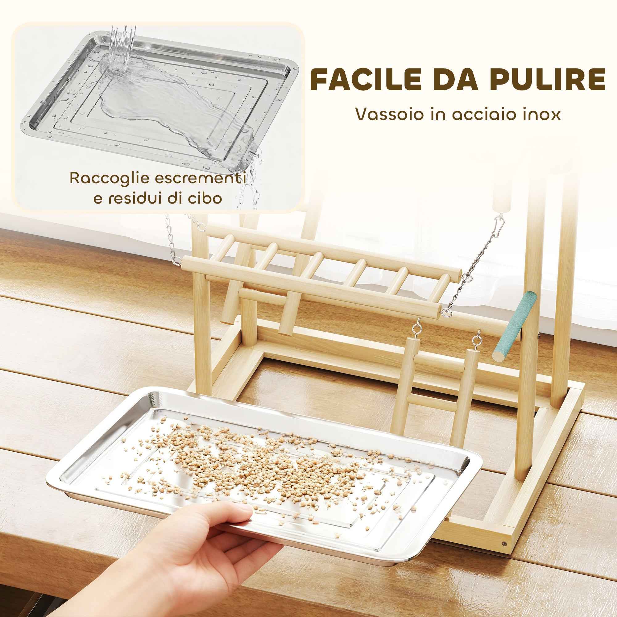 PawHut Parrot Perch with Toys, Ladders, Chains, Bowls, Removable Tray and Perches, Natural Wood