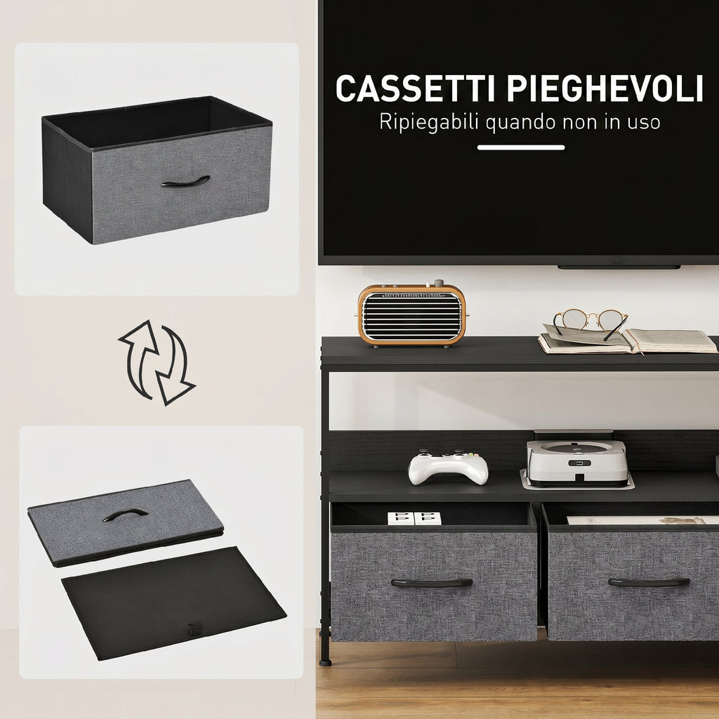 HOMCOM 55" TV Stand with Folding Fabric Drawers and Metal and MDF Shelf, 120x29x56cm, Black