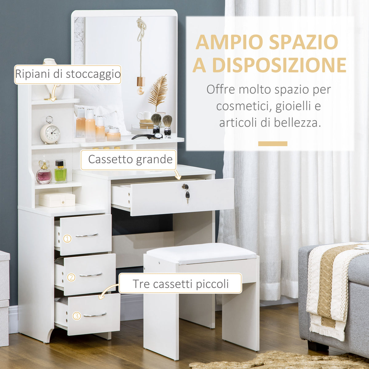 Dressing Table with Mirror, Dressing Table, Stool, 4 Drawers and 4 Shelves, White