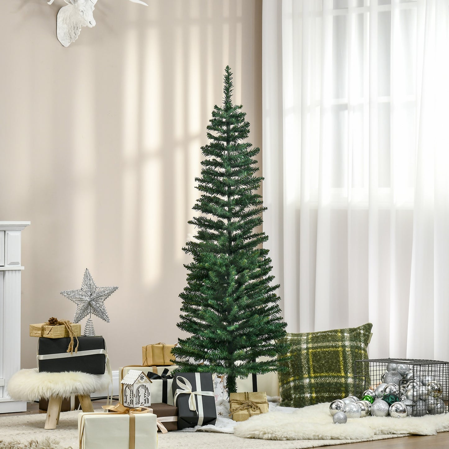 CHRISTMAS TREE - Artificial Christmas Tree 150cm Tall and Narrow with Realistic Branches and Plastic Base, Green