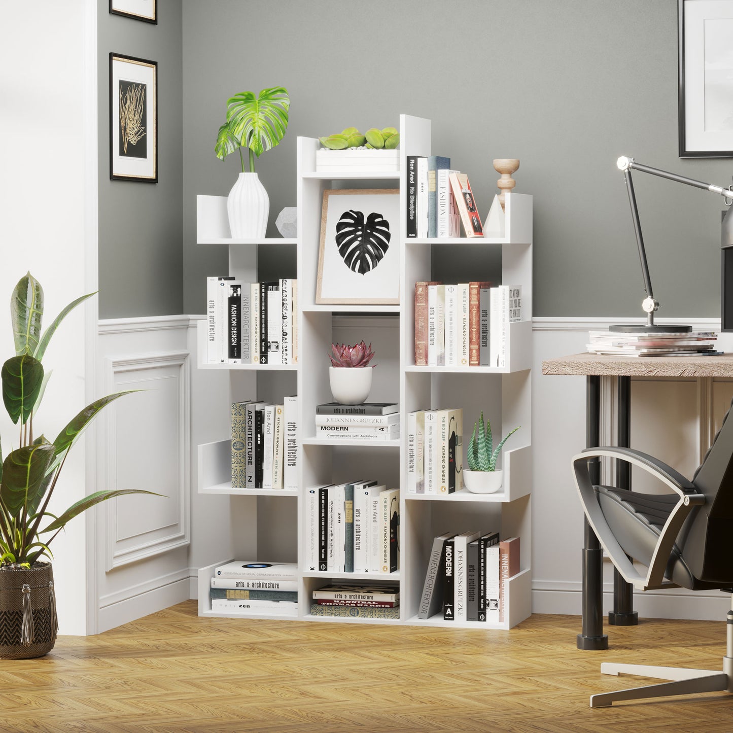 Tree-shaped bookcase with 13 shelves in chipboard, 96x30x150cm - Borgè