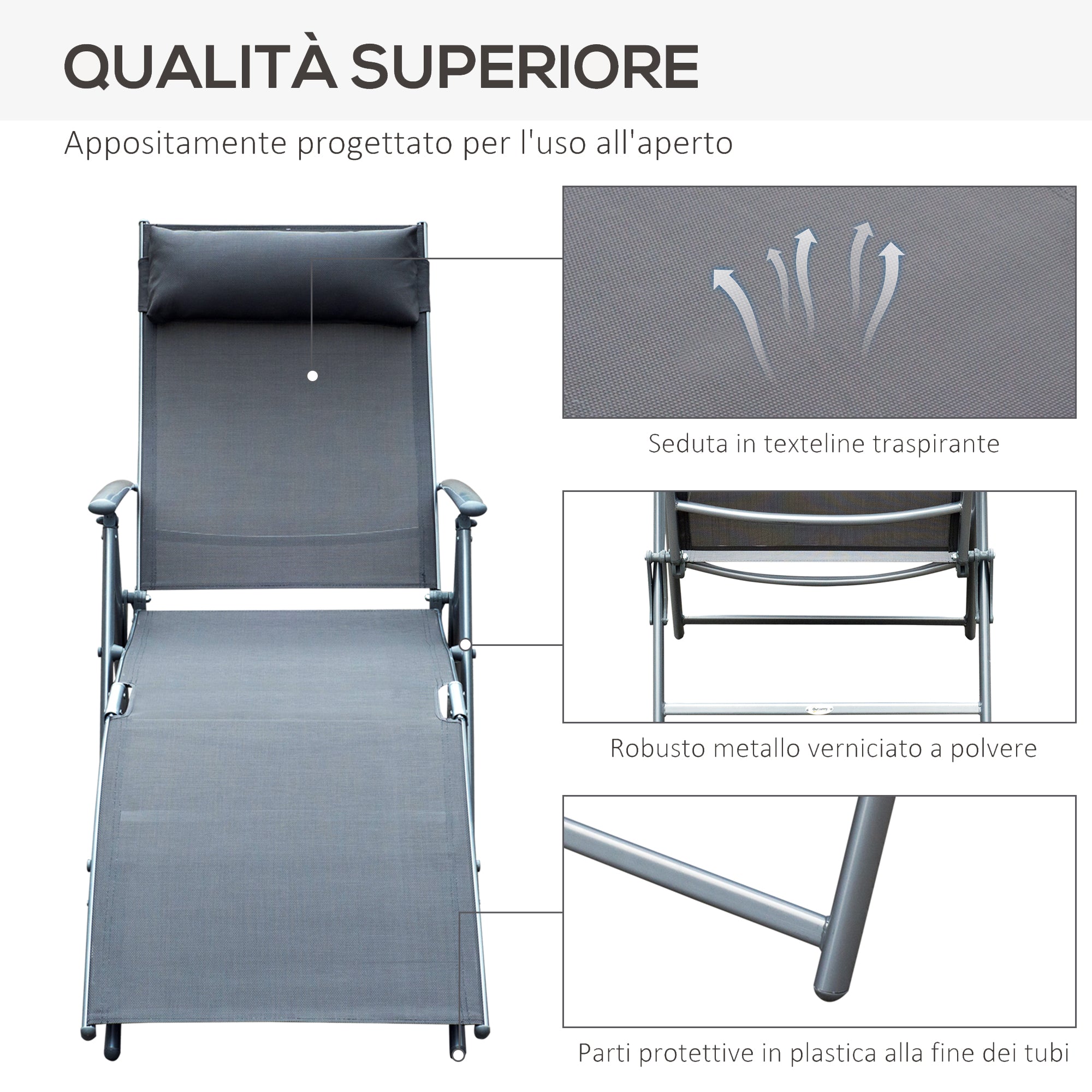 Outsunny Folding Garden Lounger with Cushion, 7-Reclining Backrest, 137x63.5x100.5cm, Grey