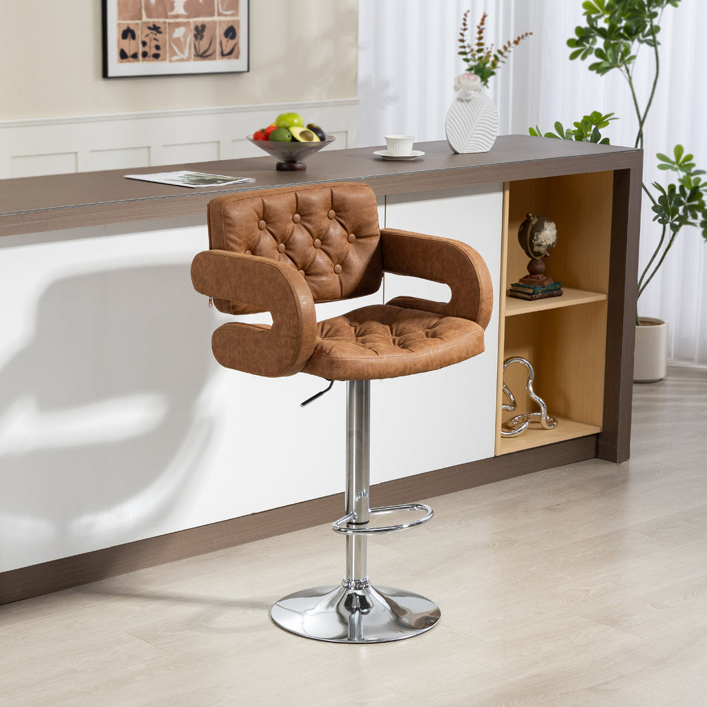 HOMCOM Bar Stool with Backrest and Armrests, Adjustable Height and Footrest, Brown Faux Leather