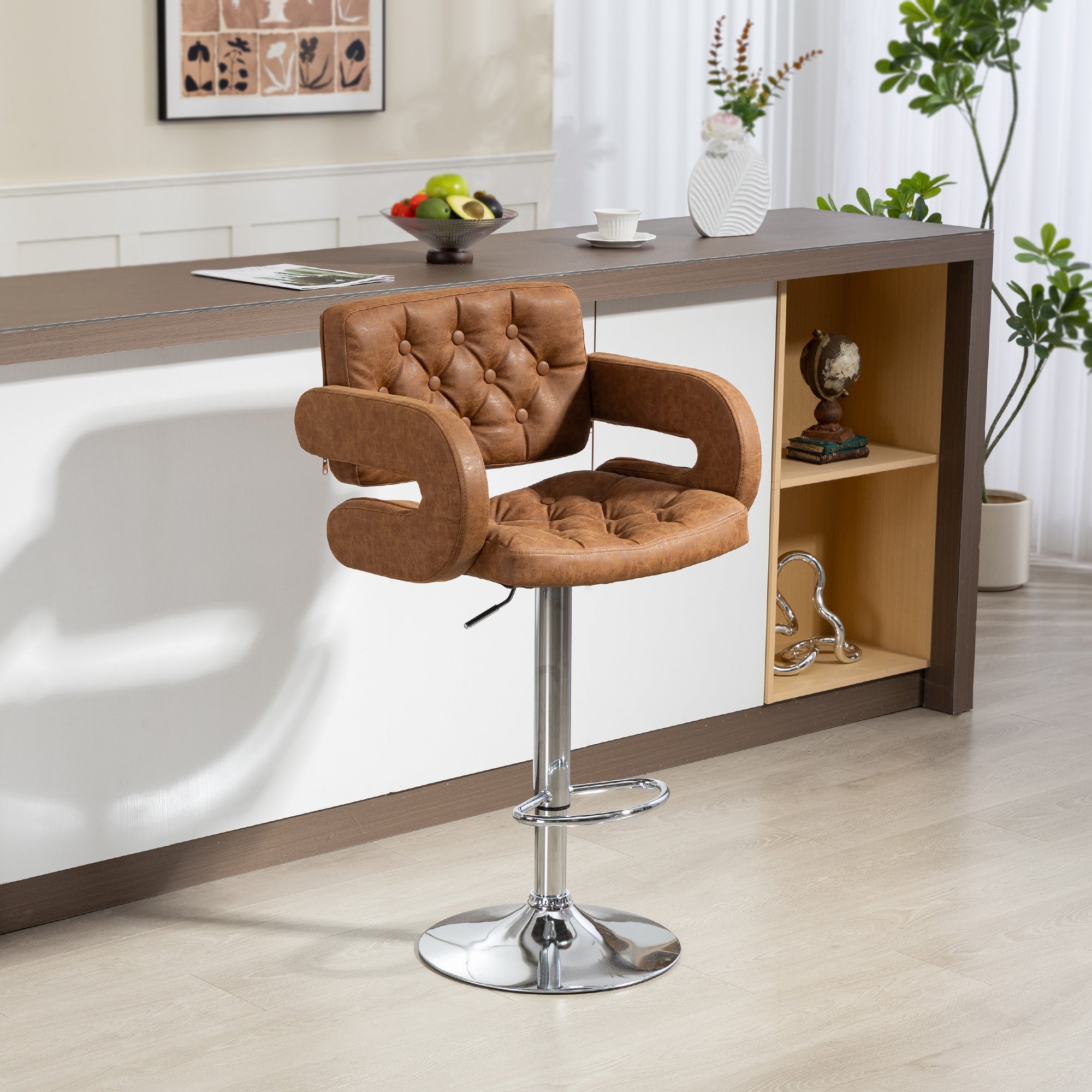 HOMCOM Bar Stool with Backrest and Armrests, Adjustable Height and Footrest, Brown Faux Leather