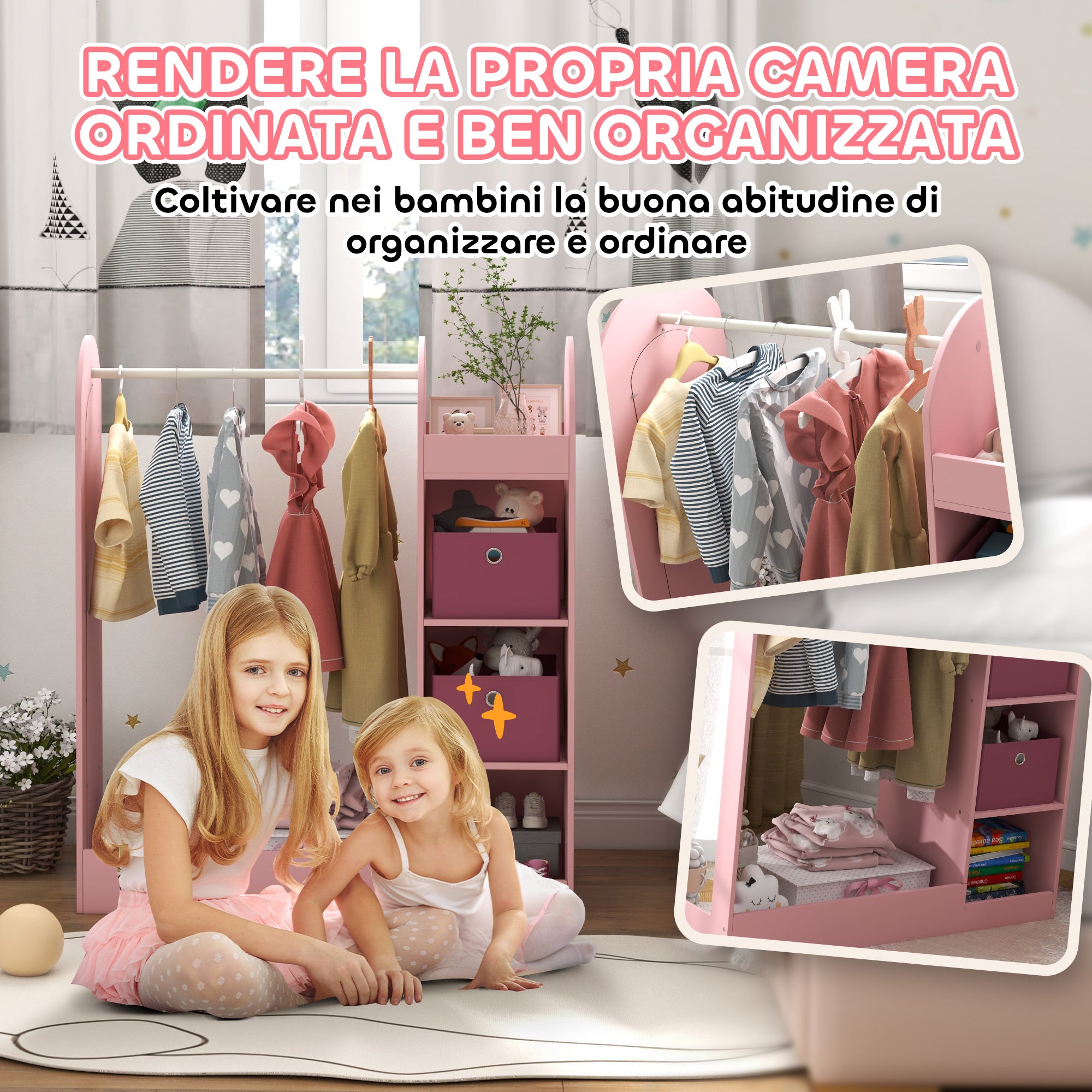 Children's Coat Rack Open Wardrobe with Shelves, Boxes, and Wooden Mirror, Pink