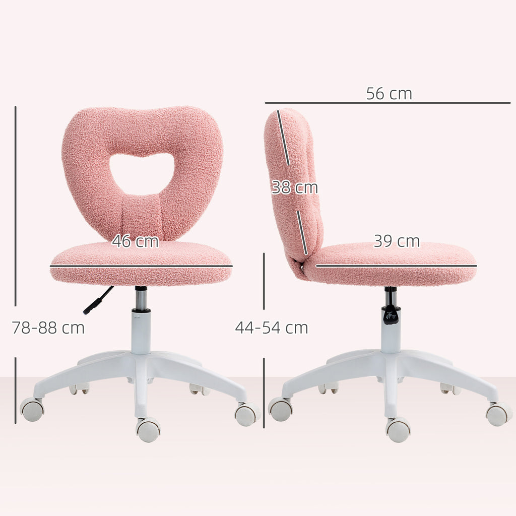 HOMCOM Padded Office Chair with Heart-Shaped Backrest and Wheels, in Teddy Velvet and Plastic, 45x56x78-88 cm, Pink