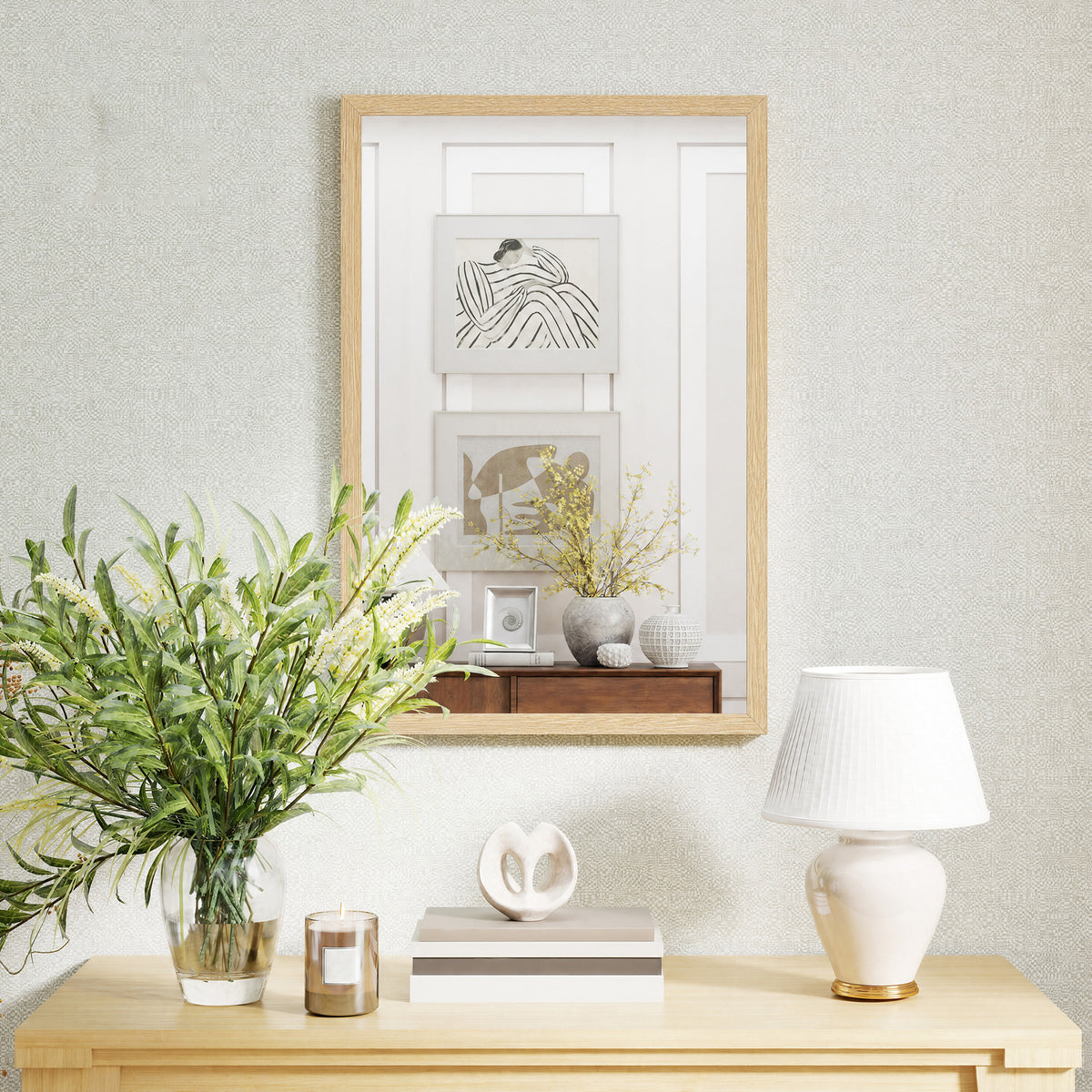 HOMCOM Rectangular Wall Mirror with Hooks, Glass and MDF Wall Mirror, 40x60 cm, Wood Color