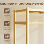 HOMCOM Freestanding Coat Rack with Rail, Shelves and 4 Bamboo Wheels, 70x35x175 cm, Natural Wood