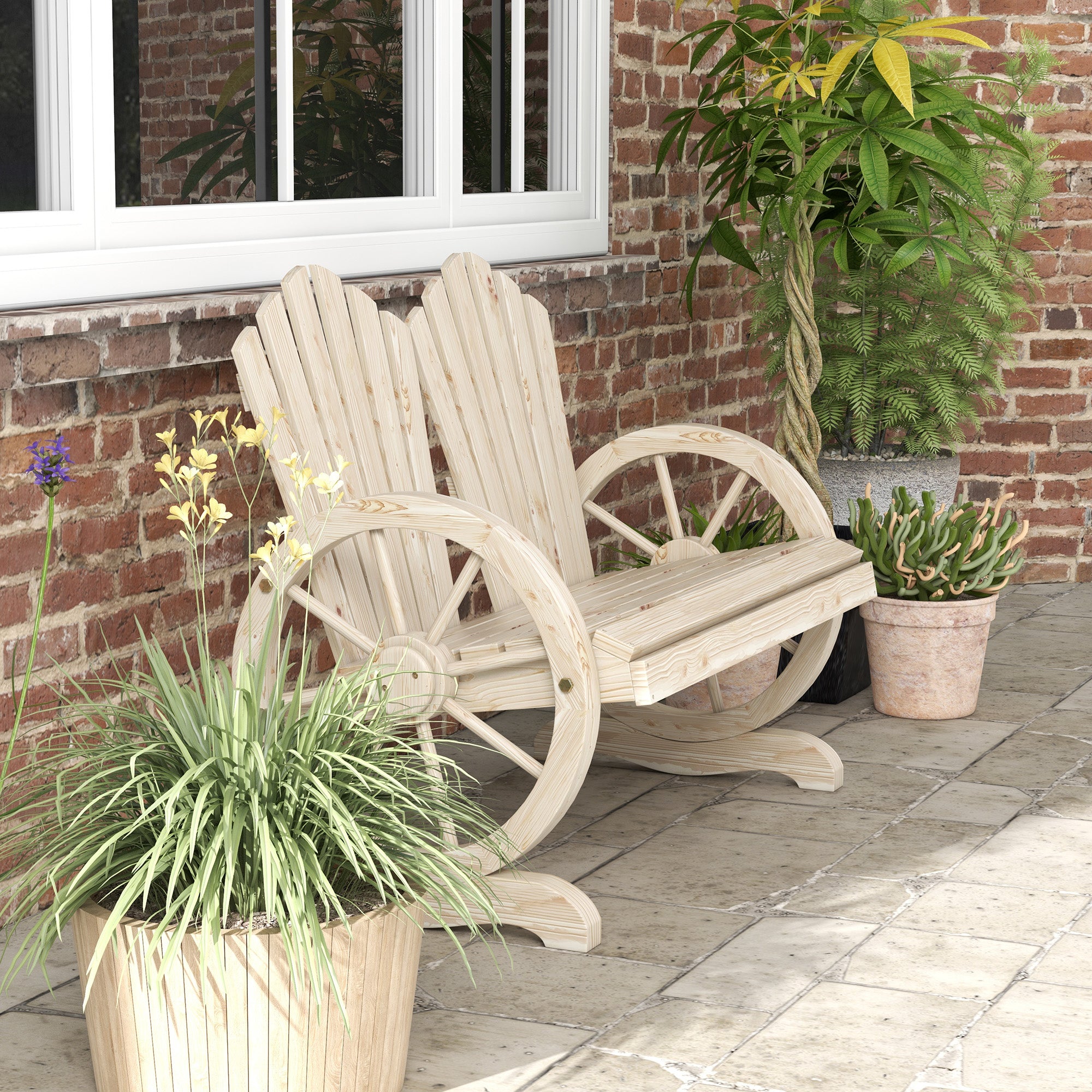 Outsunny Country Style Wooden Garden Bench with Wheel Armrests, 108x66x95cm, Natural Wood