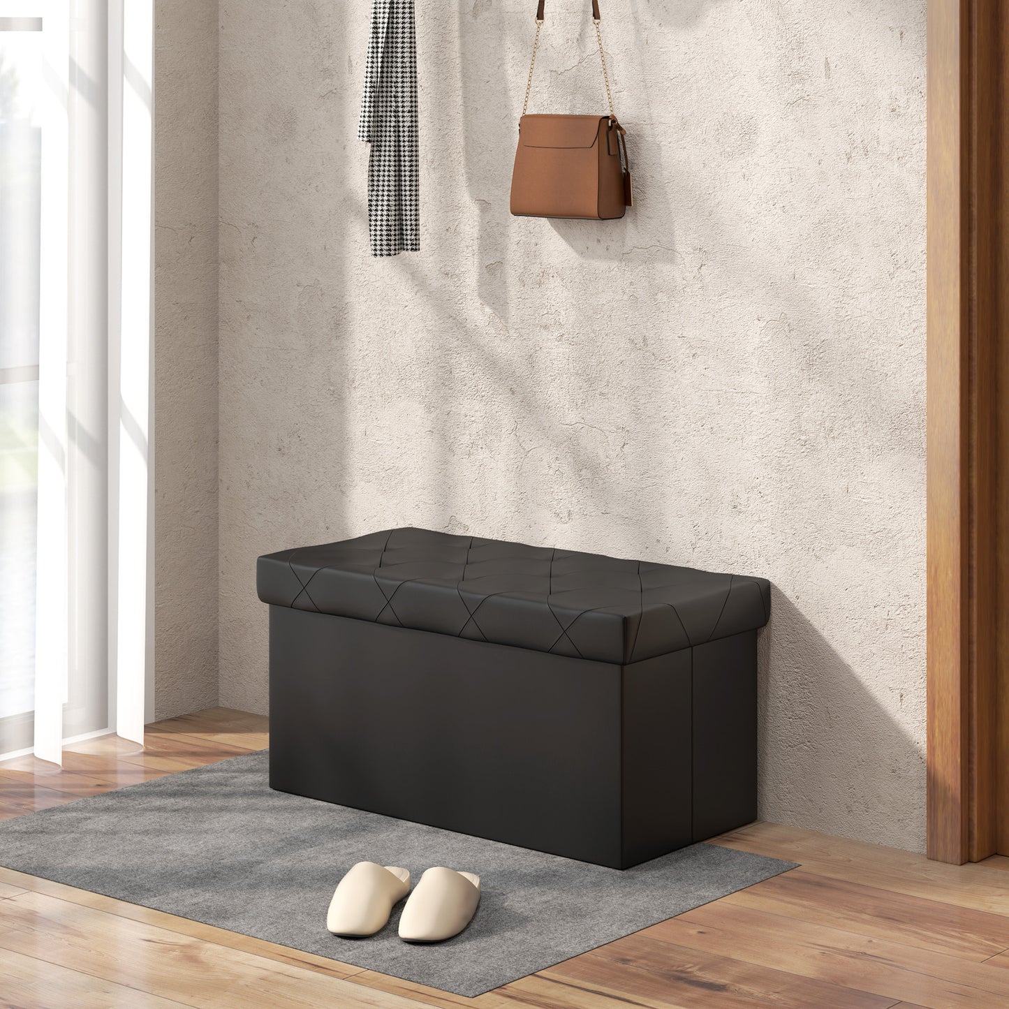 84L Folding Storage Bench, Padded Lid and Faux Leather Upholstery, 76x38x38cm, Black