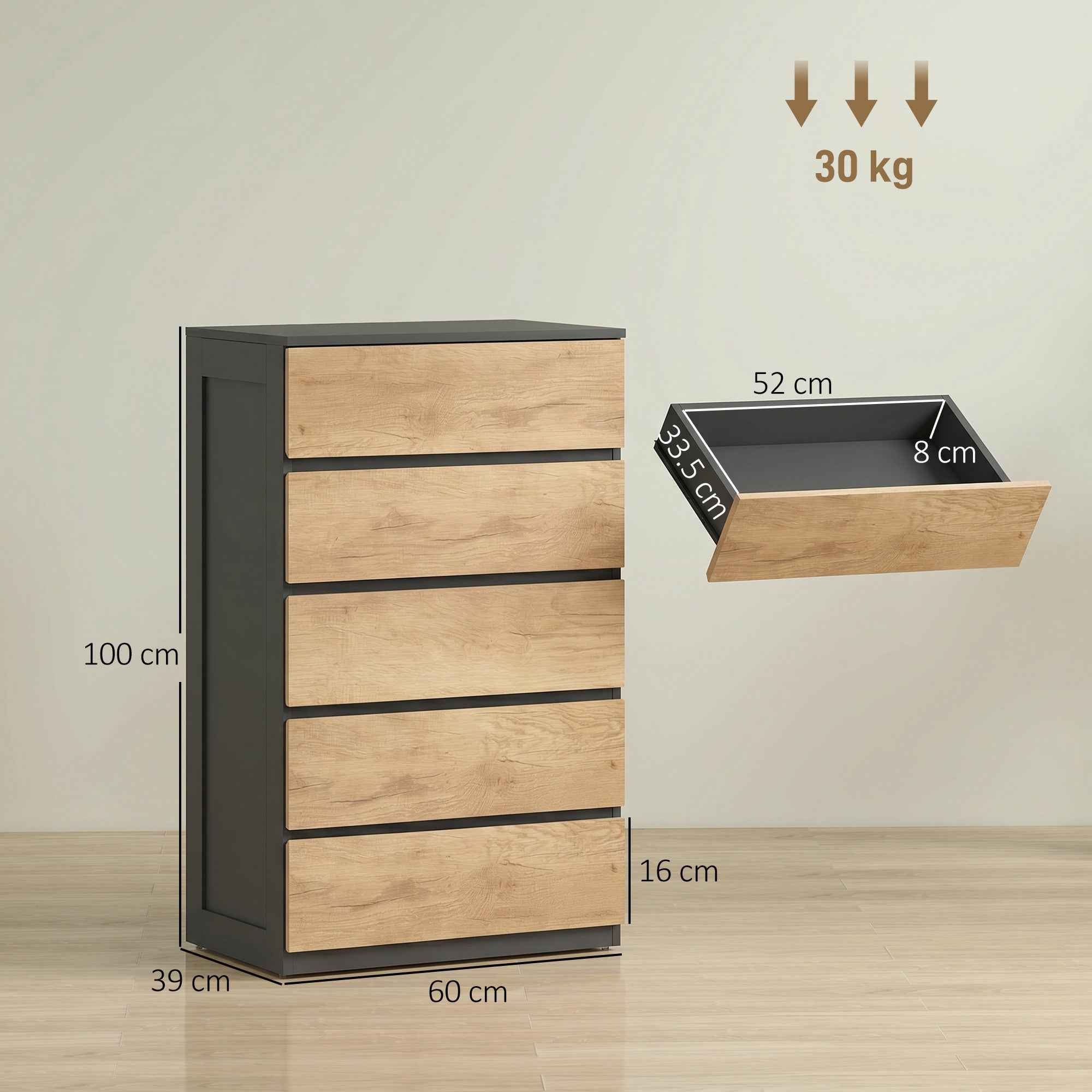 HOMCOM 5-Drawer Wooden Chest of Drawers with Metal Rails and Grooved Handles, 60x39x100 cm, Black and Oak