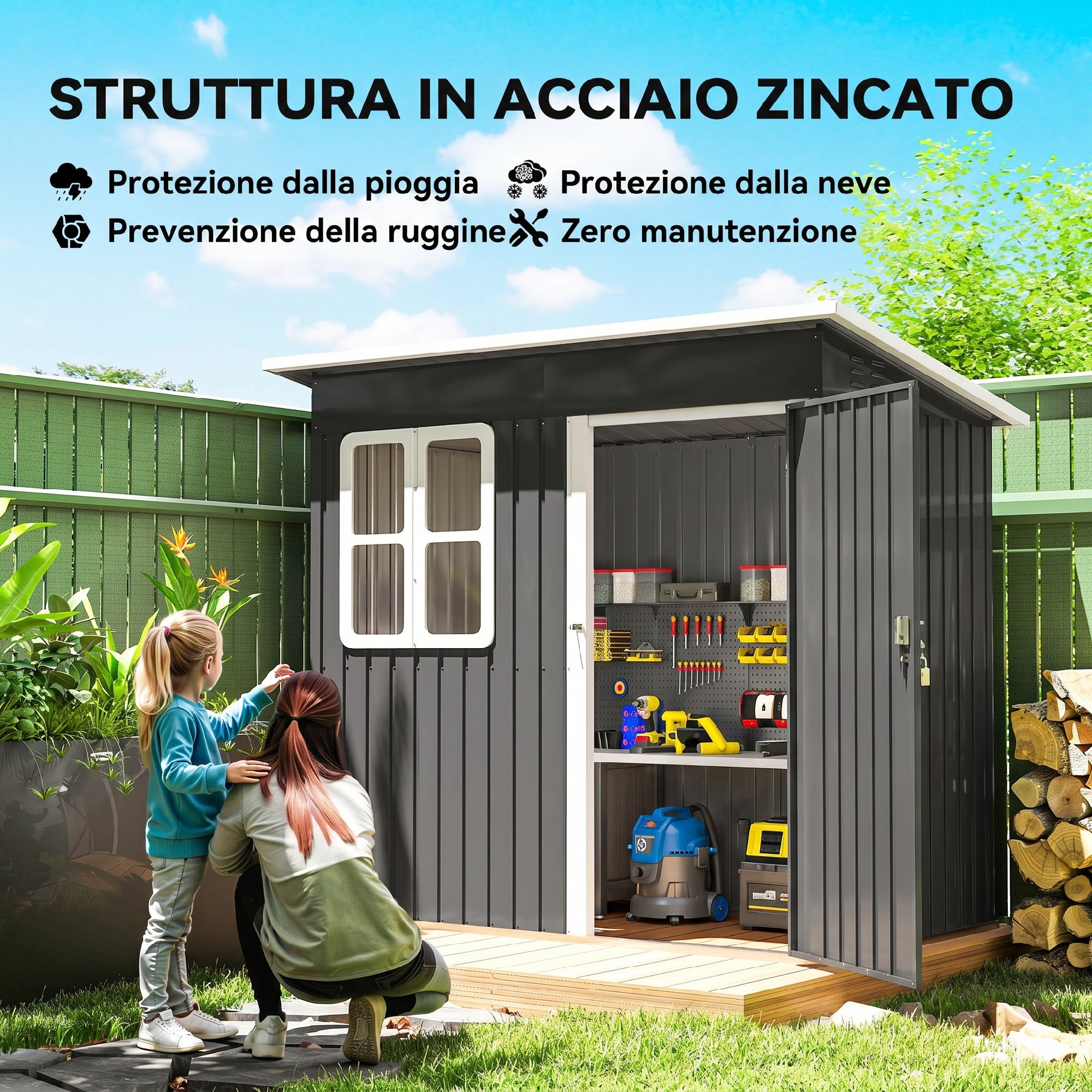 Outsunny 2.55m² Galvanized Steel Garden Shed with Foundation Kit, Pitched Roof Locking Door, Grey
