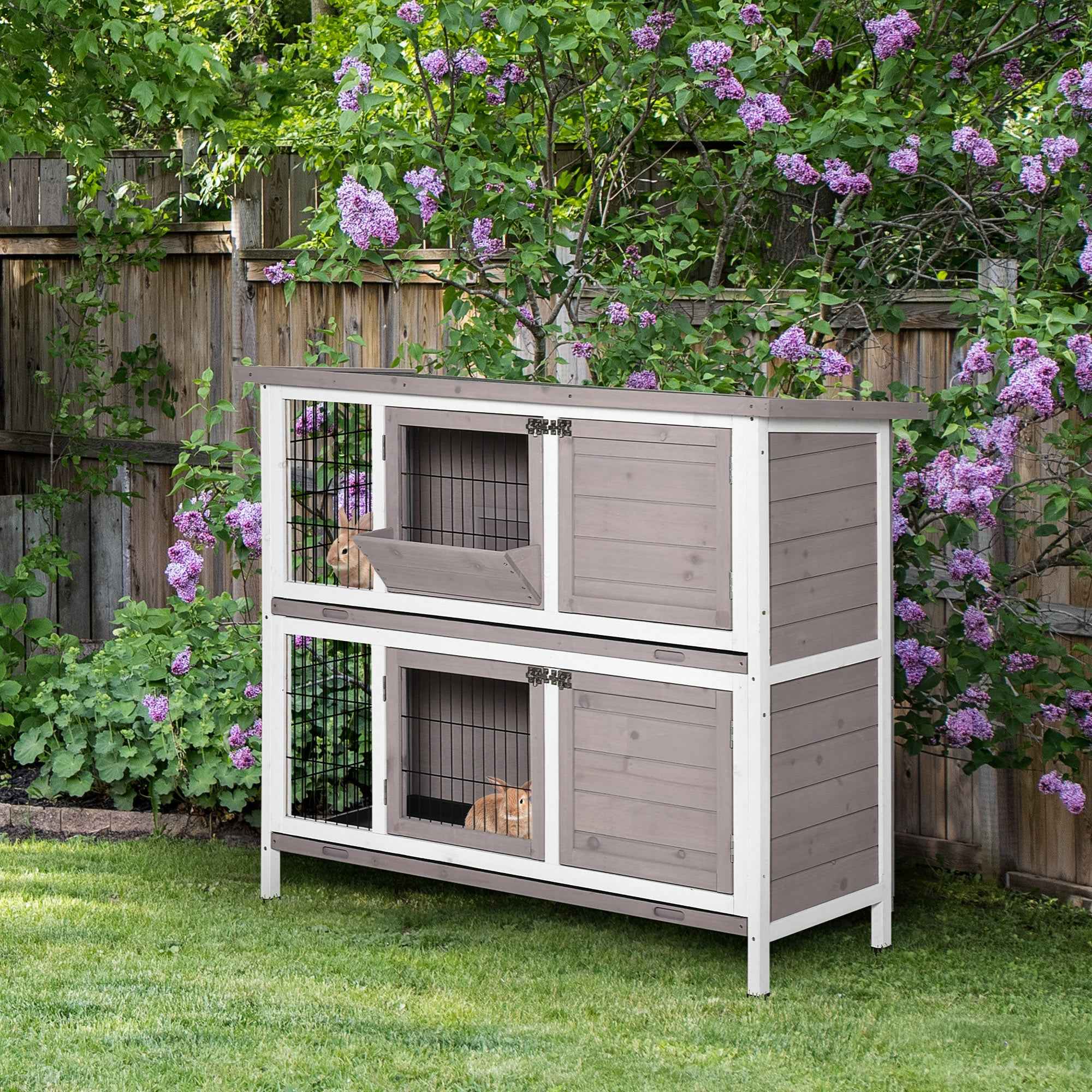 PawHut 2-Tier Wooden Rabbit Hutch with Opening Roof, Removable Feeder and Trays, 122x50x101 cm, Brown