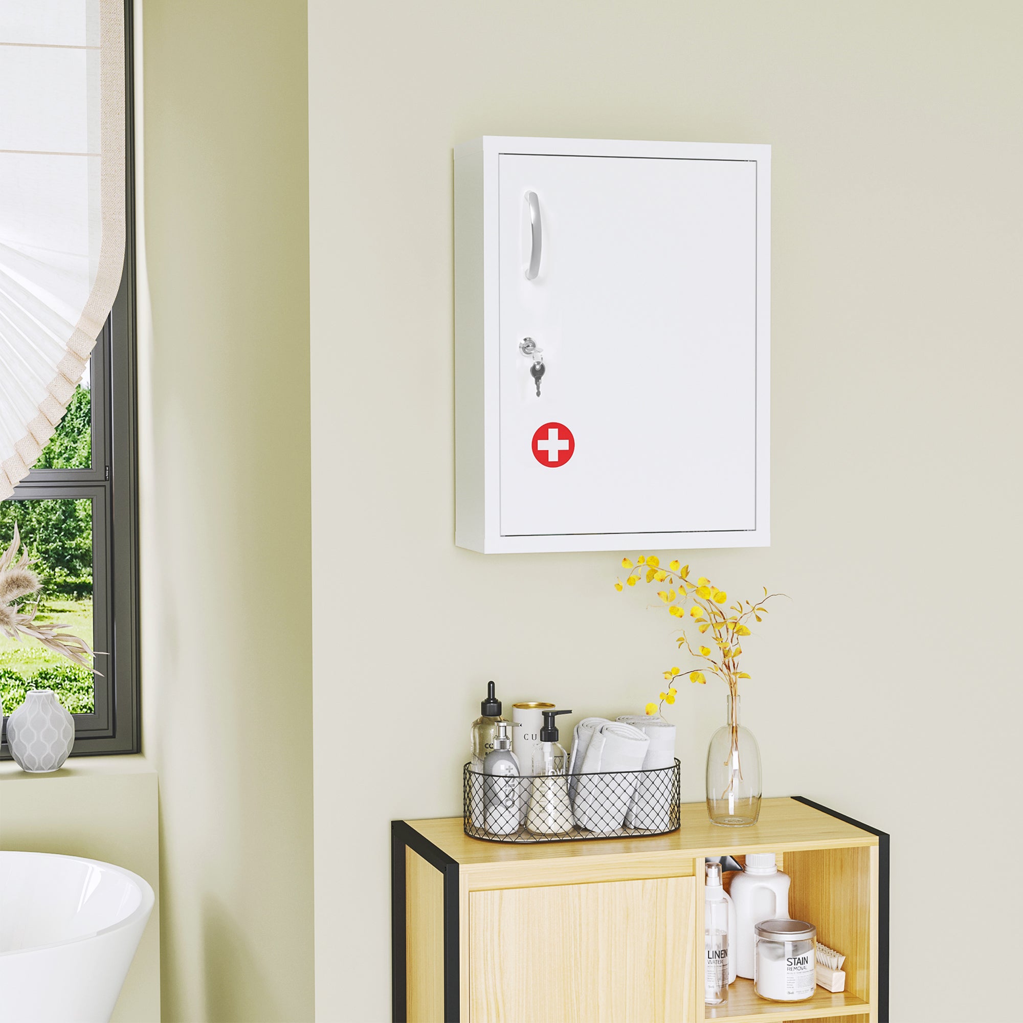 kleankin 3-Tier Medicine Cabinet with Lock and 2 Keys, Steel, 40x15x53.5 cm, White - Borgè