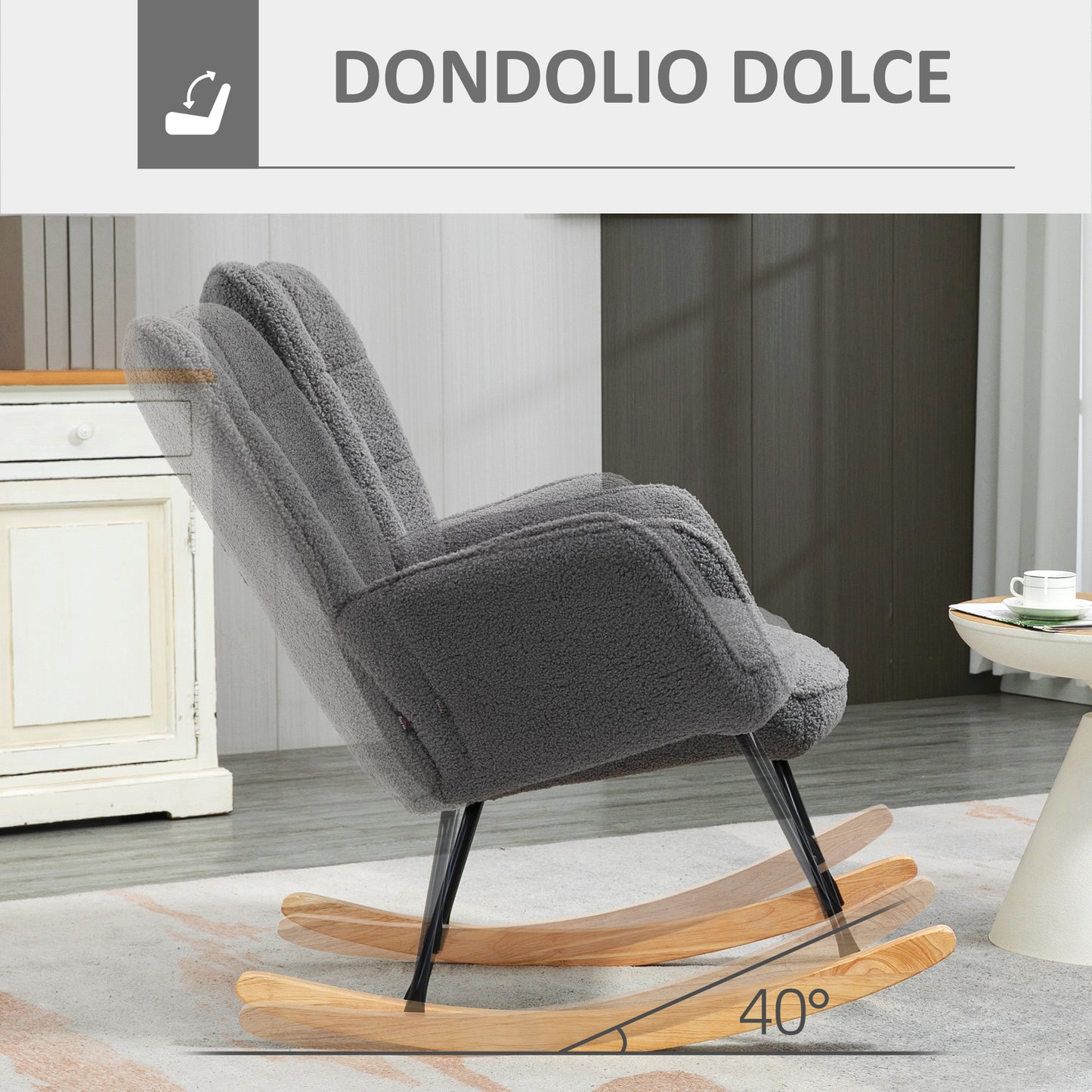 Upholstered Rocking Chair in Wood and Steel for Living Room and Bedroom, 71x98x101 cm, Dark Grey