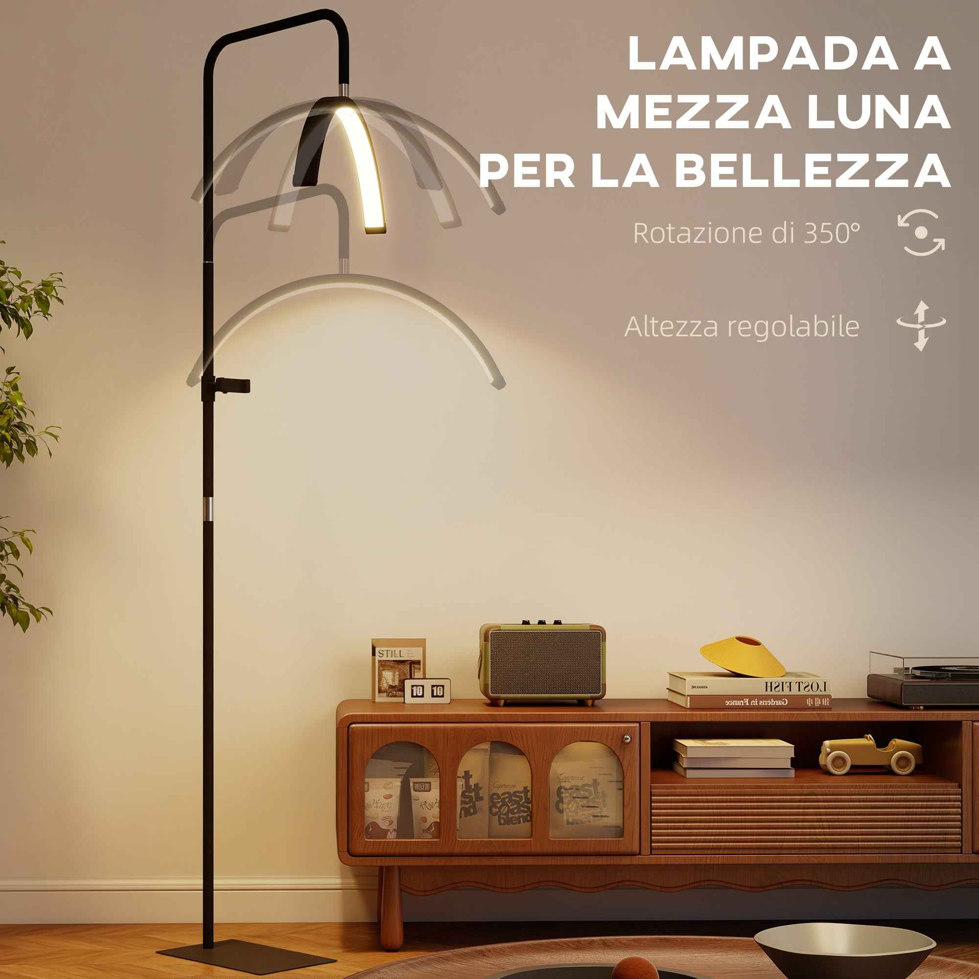 HOMCOM LED Floor Lamp with Half-Moon Head, Adjustable Height and Color Temperature, Remote Control, Black