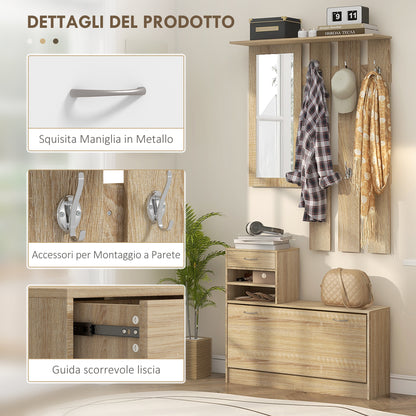 TWENTY | Coat Stand 3 in 1 with Shoe Rack and Mirror, Hooks and Drawers, in Wood, 90x24x177 cm, Oak color