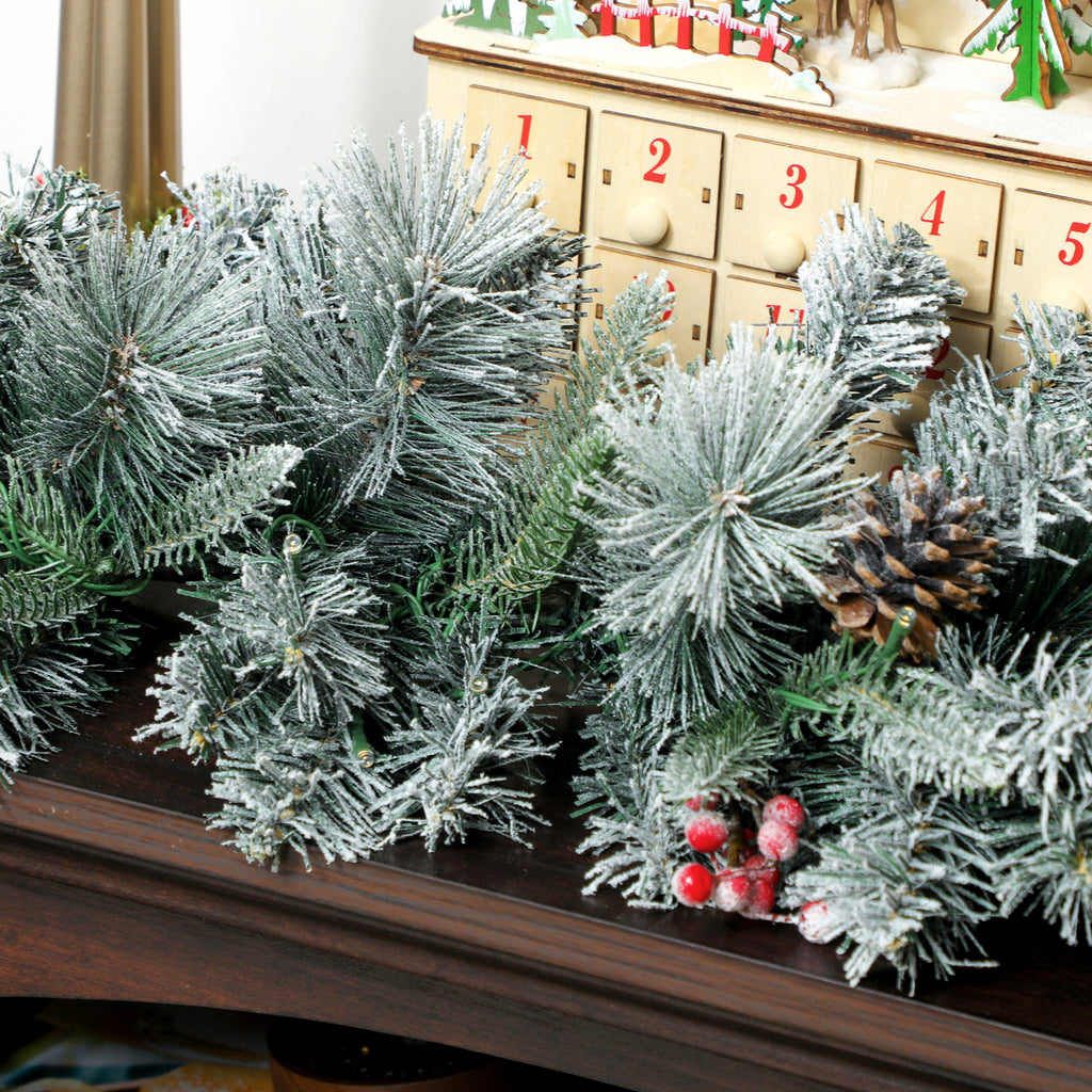 Christmas Garland Ø25x180 cm with 50 LED Lights, Berries and Pine Cones, in Plastic and Metal, Green and White