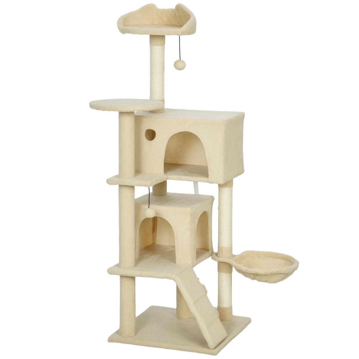 PawHut Cat Tree, 140 cm Tall, with 2 Cat Houses, Hammock, Bed and Sisal Posts, Beige