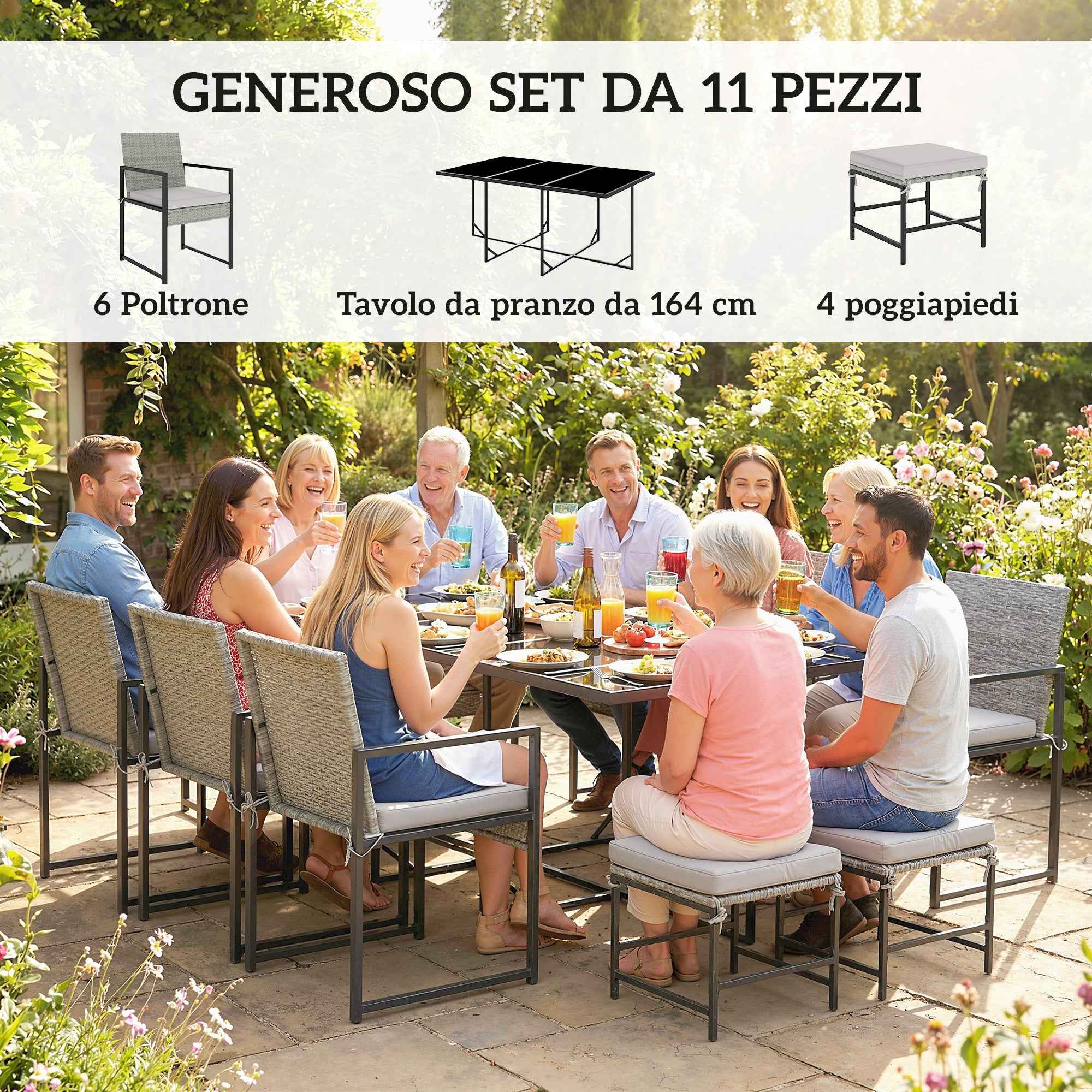 Outsunny 11-Piece Patio Dining Set, Outdoor Furniture with 6 Armchairs, 4 Ottomans, Grey