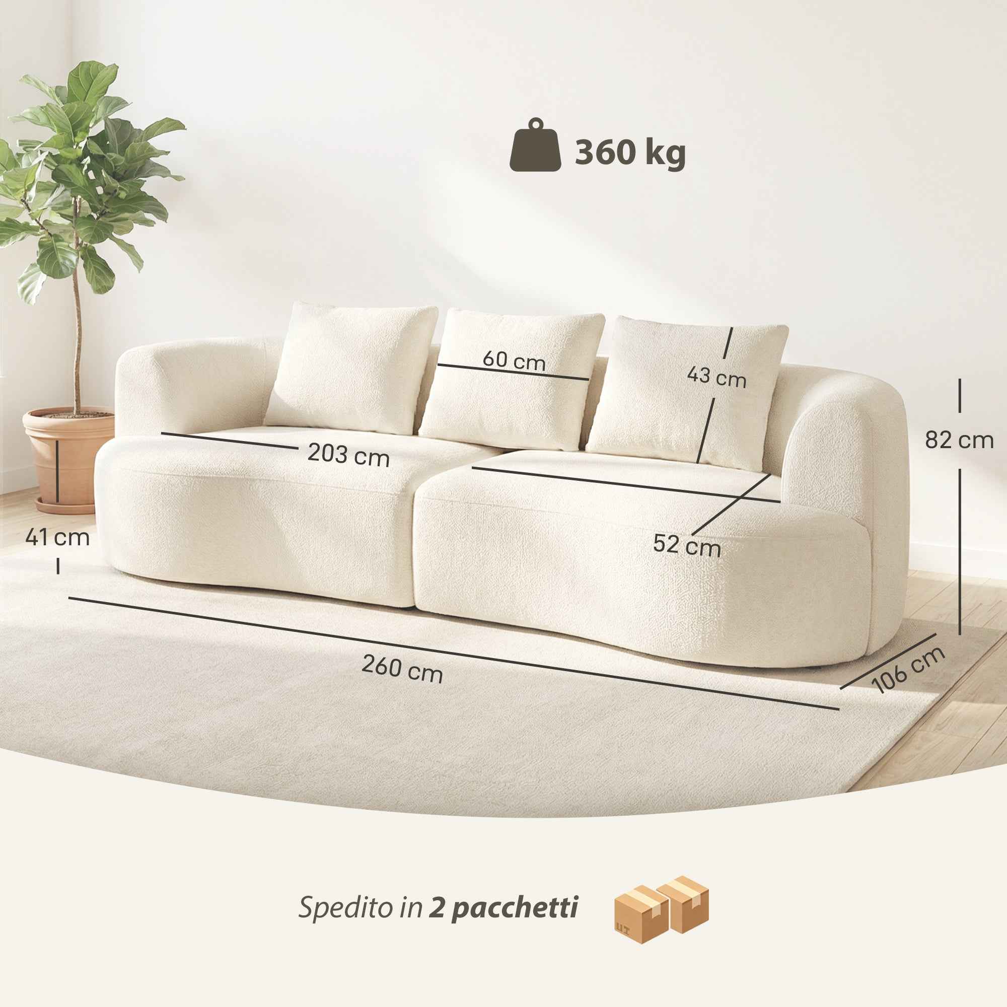 3-seater modular sofa with wide seat and chenille cushions, 260 cm, Cream