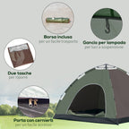 2-Person Camping Tent with Carrying Bag, Hooks for Lamps and Storage Pockets, 210x210x135 cm