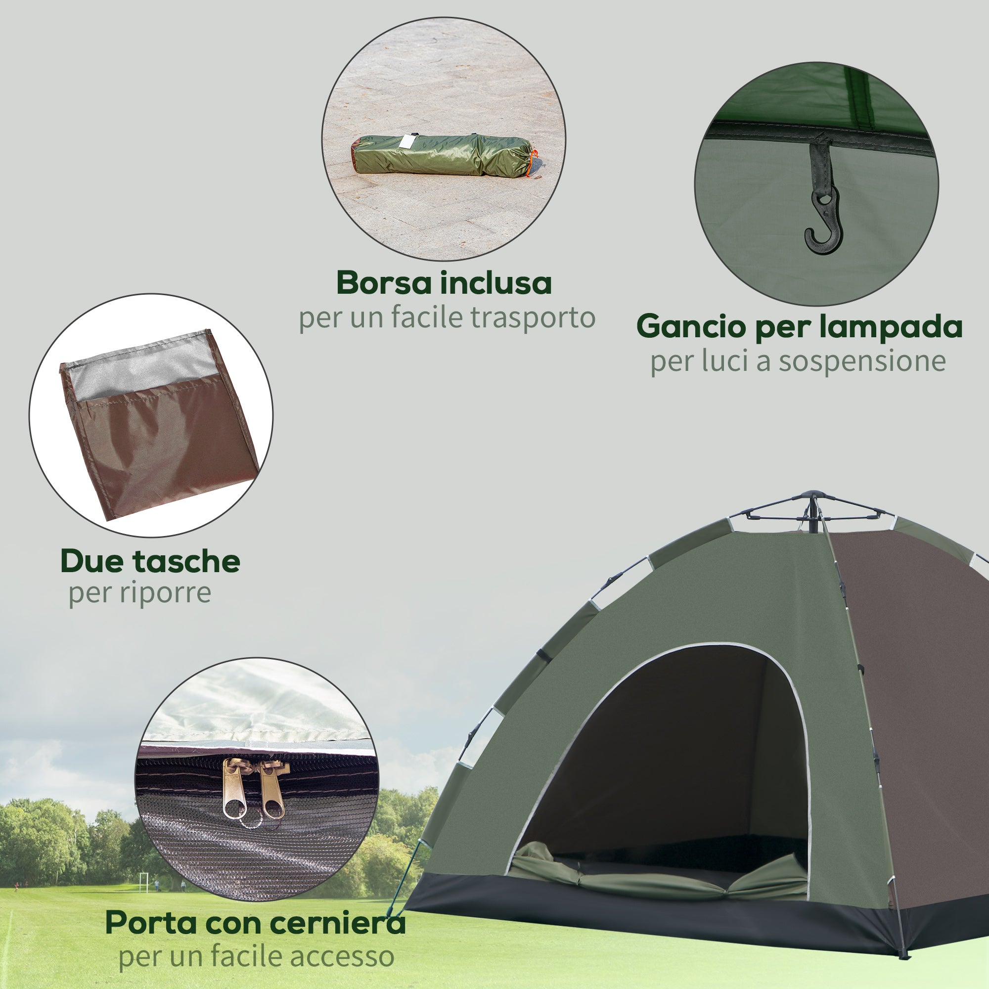 2-Person Camping Tent with Carrying Bag, Hooks for Lamps and Storage Pockets, 210x210x135 cm