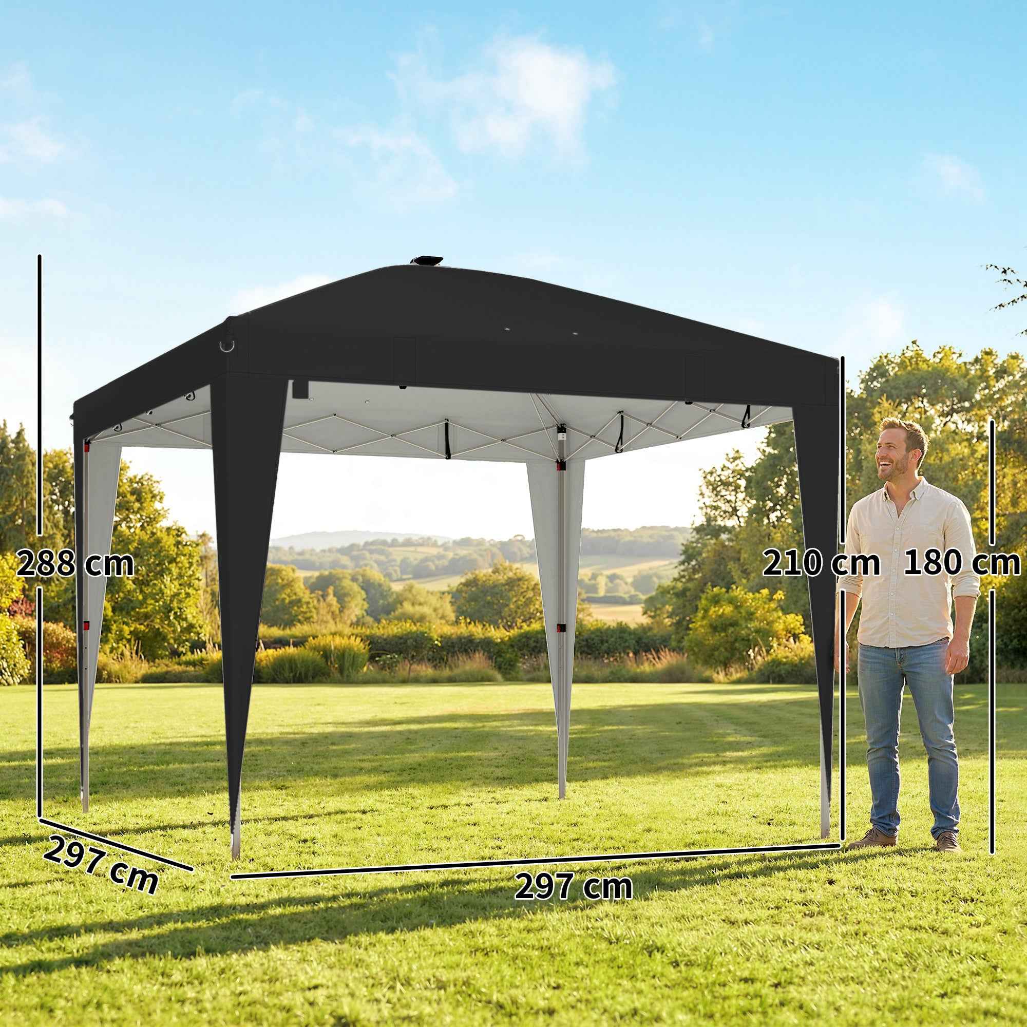 Outsunny 3x3 m Folding Gazebo with Adjustable Height, Central Light and Remote Control, Metal and Polyester, Black