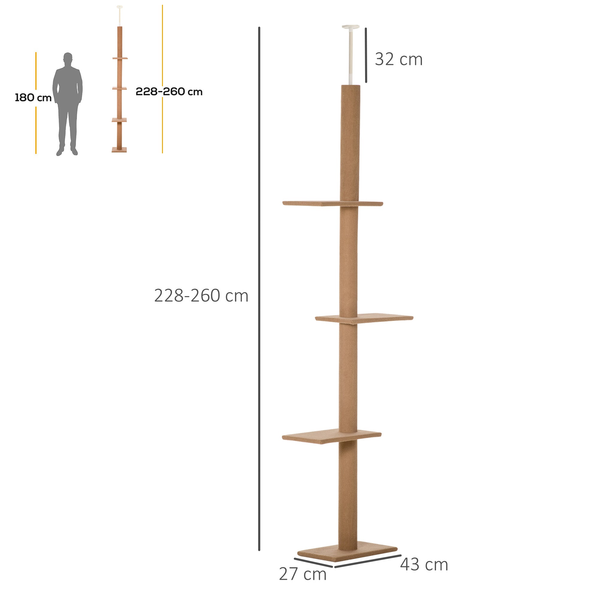 4-Tier Cat Scratching Tree, Adjustable Ceiling Mount, 43x27x228-260cm