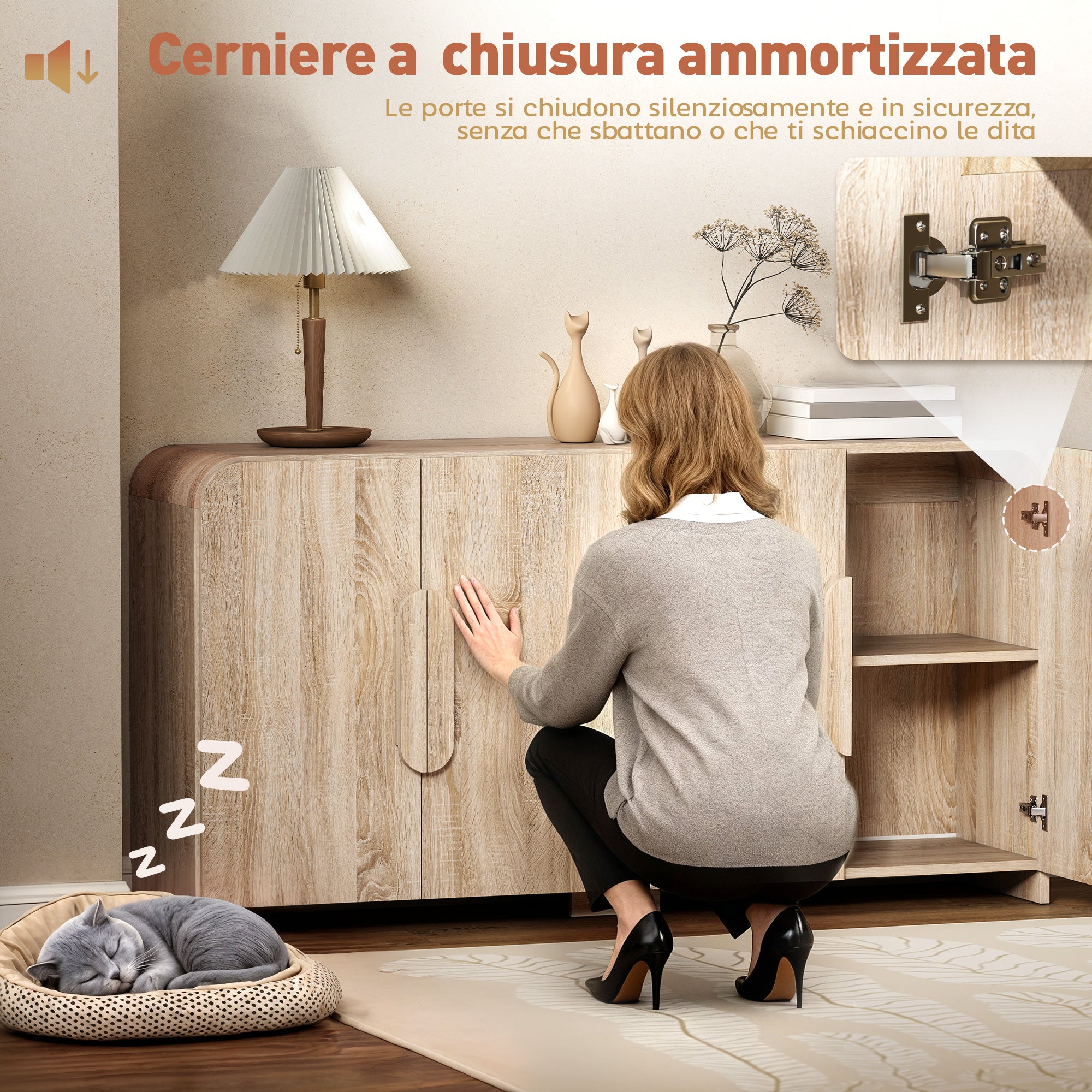 Sideboard with 2 Cabinets, Soft-Close Doors and Adjustable Shelves, 157x39x82 cm, Natural Wood