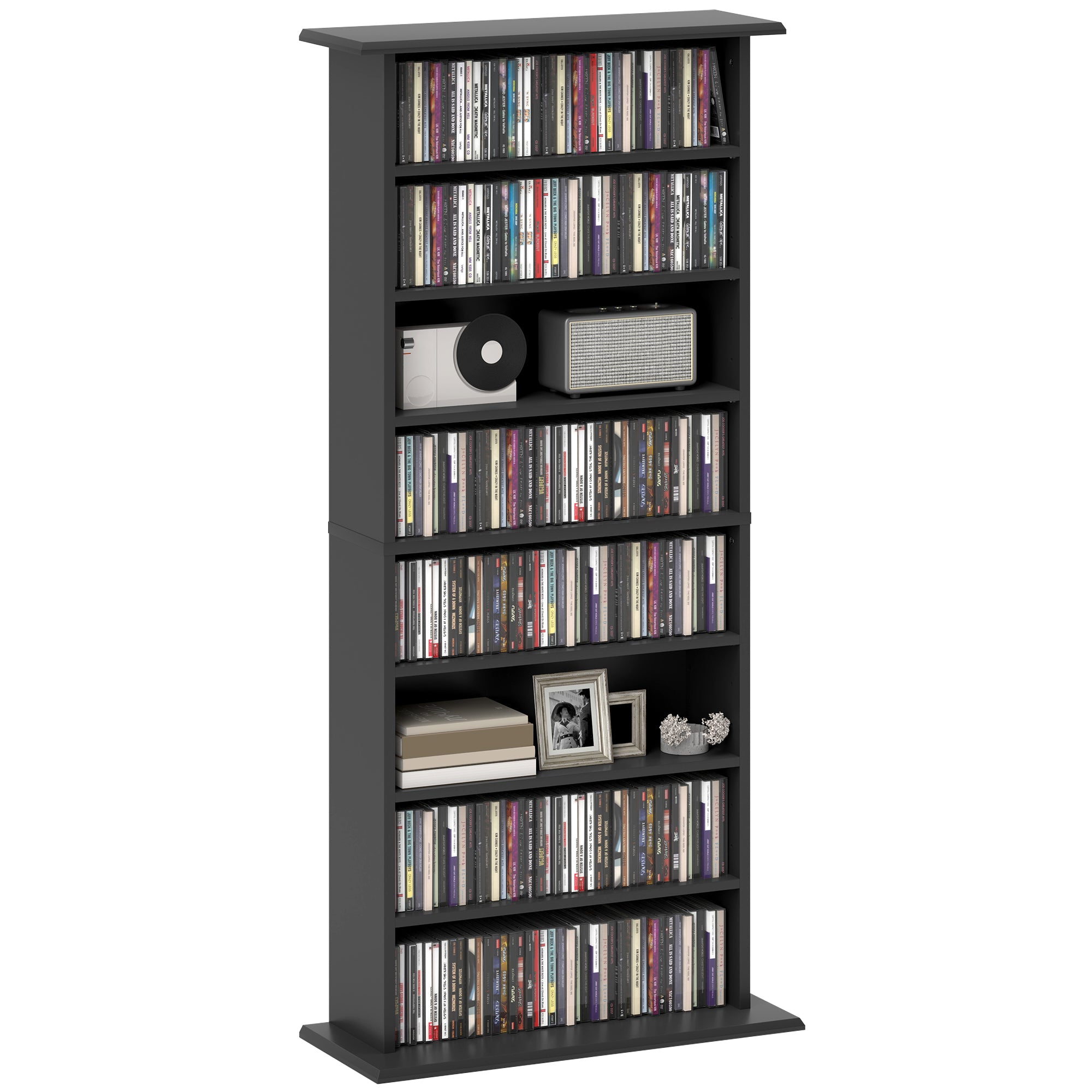 CD Rack with 6 Adjustable Shelves, 360 CDs/185 DVDs Capacity, 58x24x124.5 cm, Black