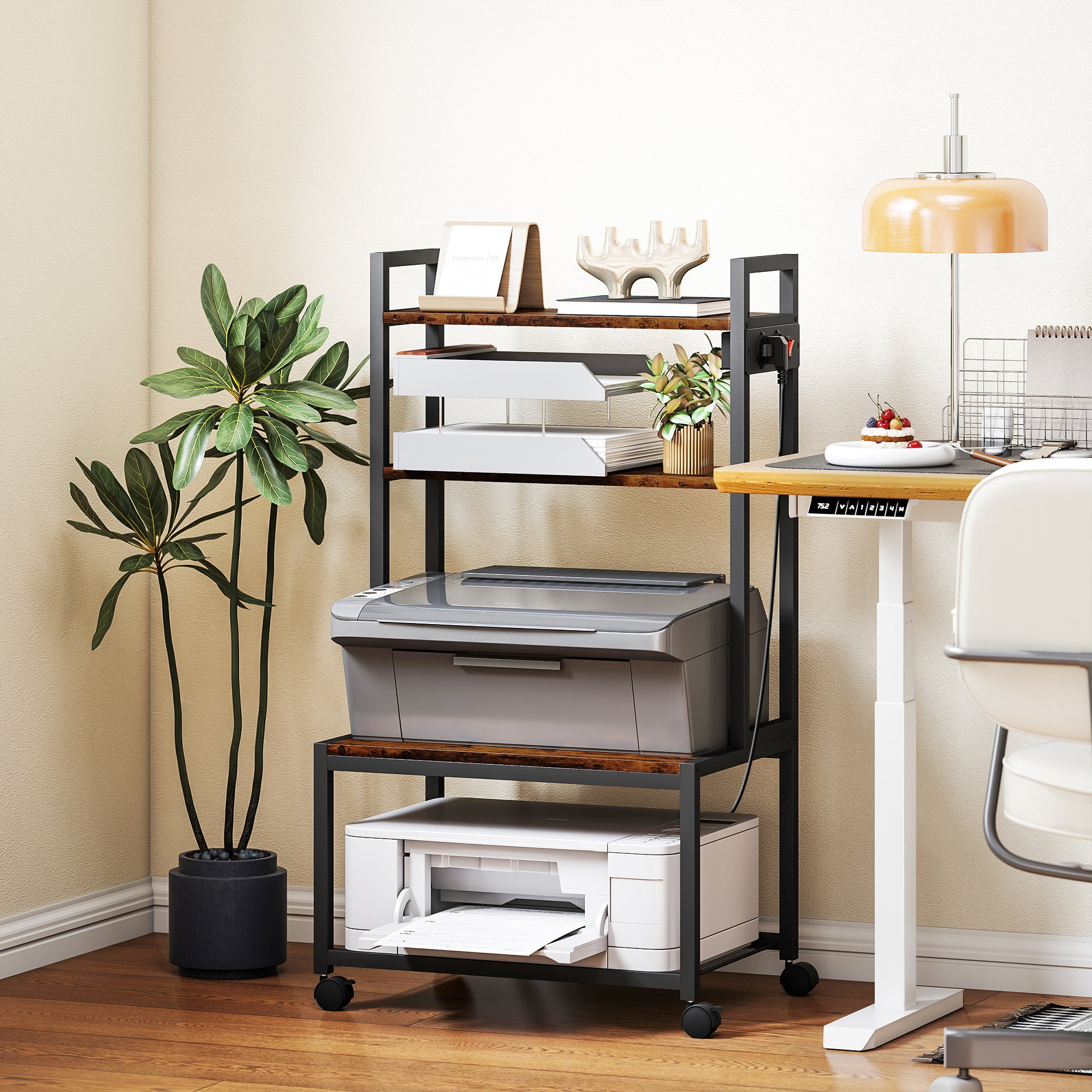 4-Tier Printer Cart with Power Outlets, Wheels and Metal Frame, 55x37.5x100 cm, Brown