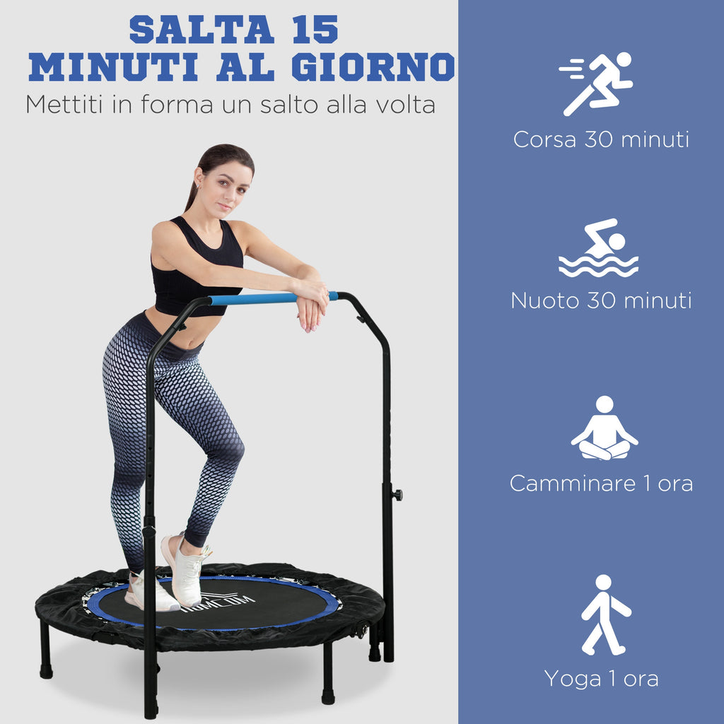 Mini Fitness Trampoline Ø102 cm Foldable with Height-Adjustable Handlebar, Blue