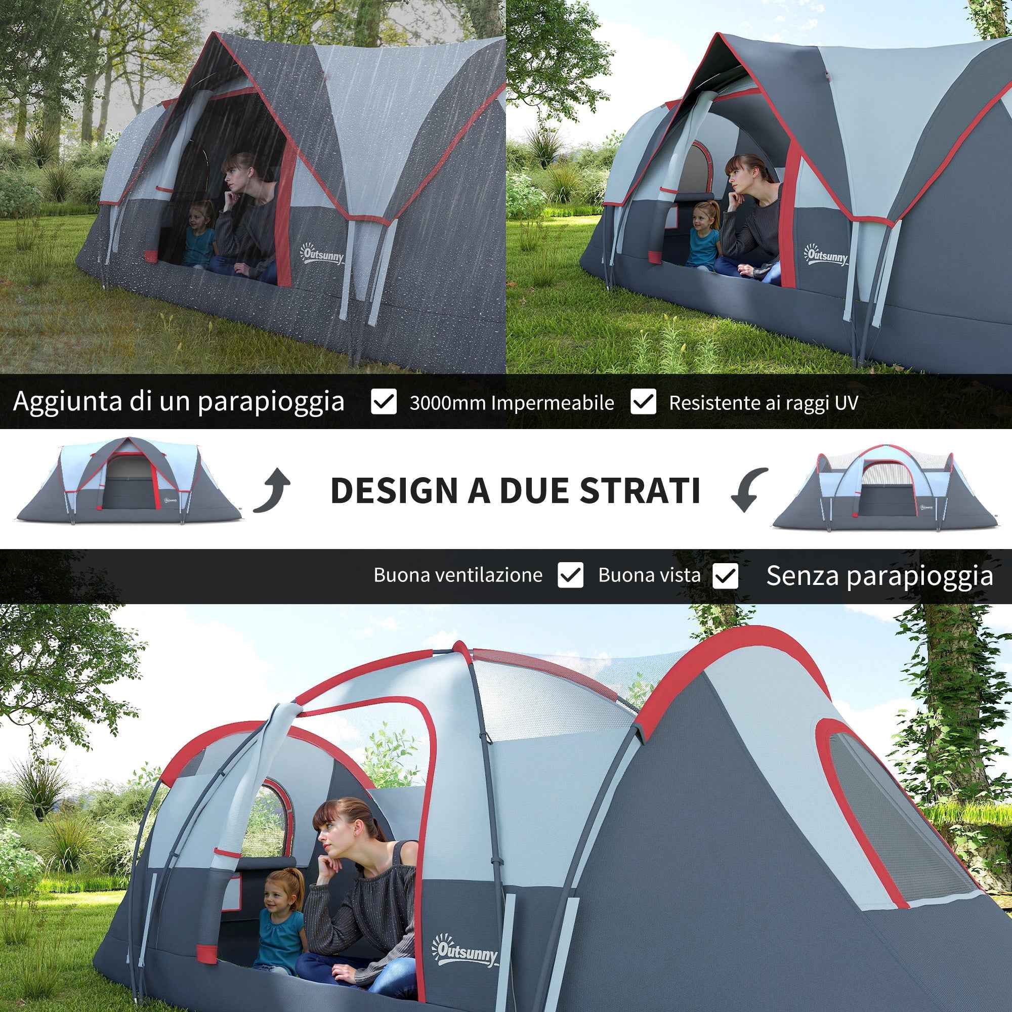 Outsunny 6-Person Water-Repellent Camping Tent with UV Protection, Fiberglass Poles, 4.55 x 2.2 x 1.8 m, Grey