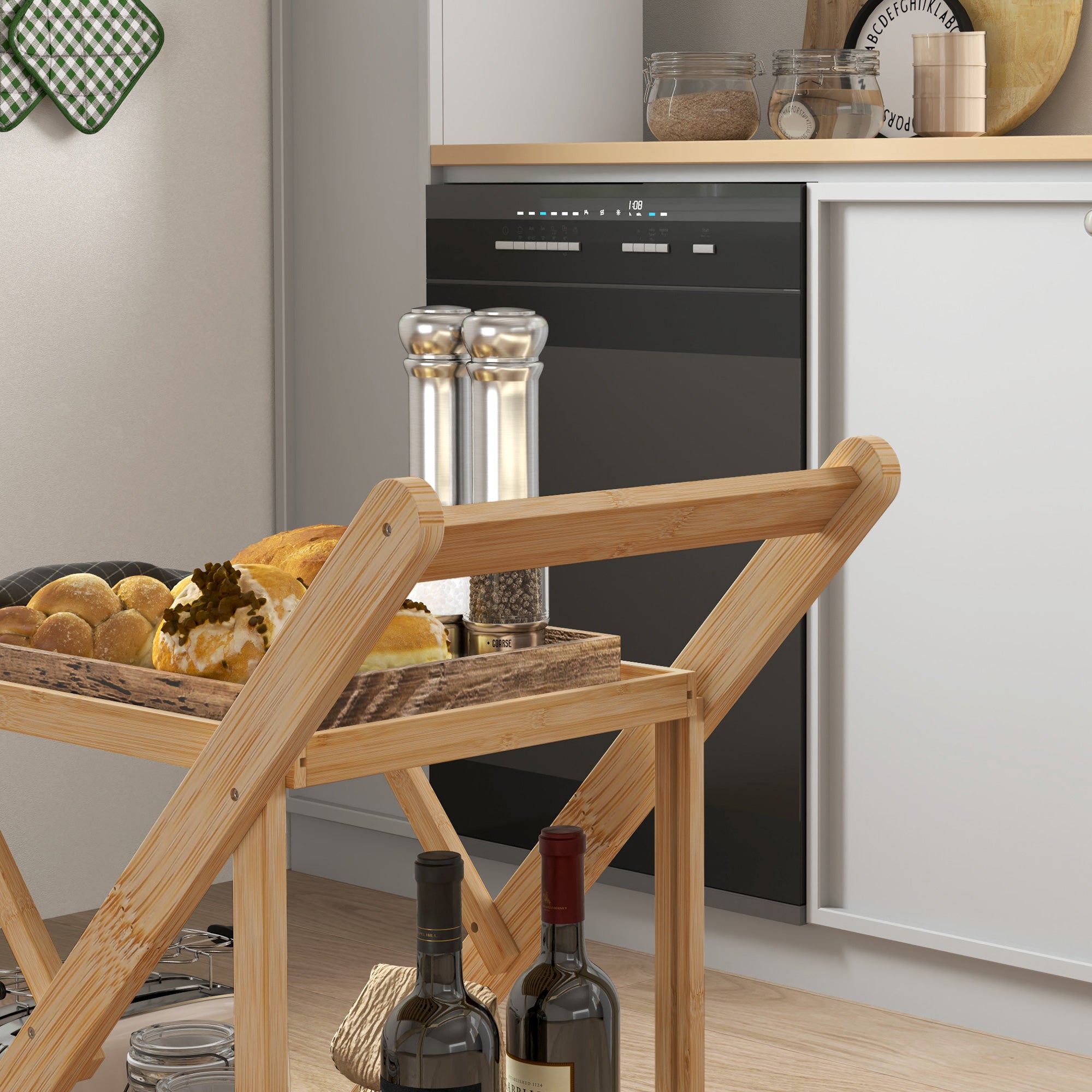 2-Tier Folding Kitchen Trolley with Bamboo Bottle Holder