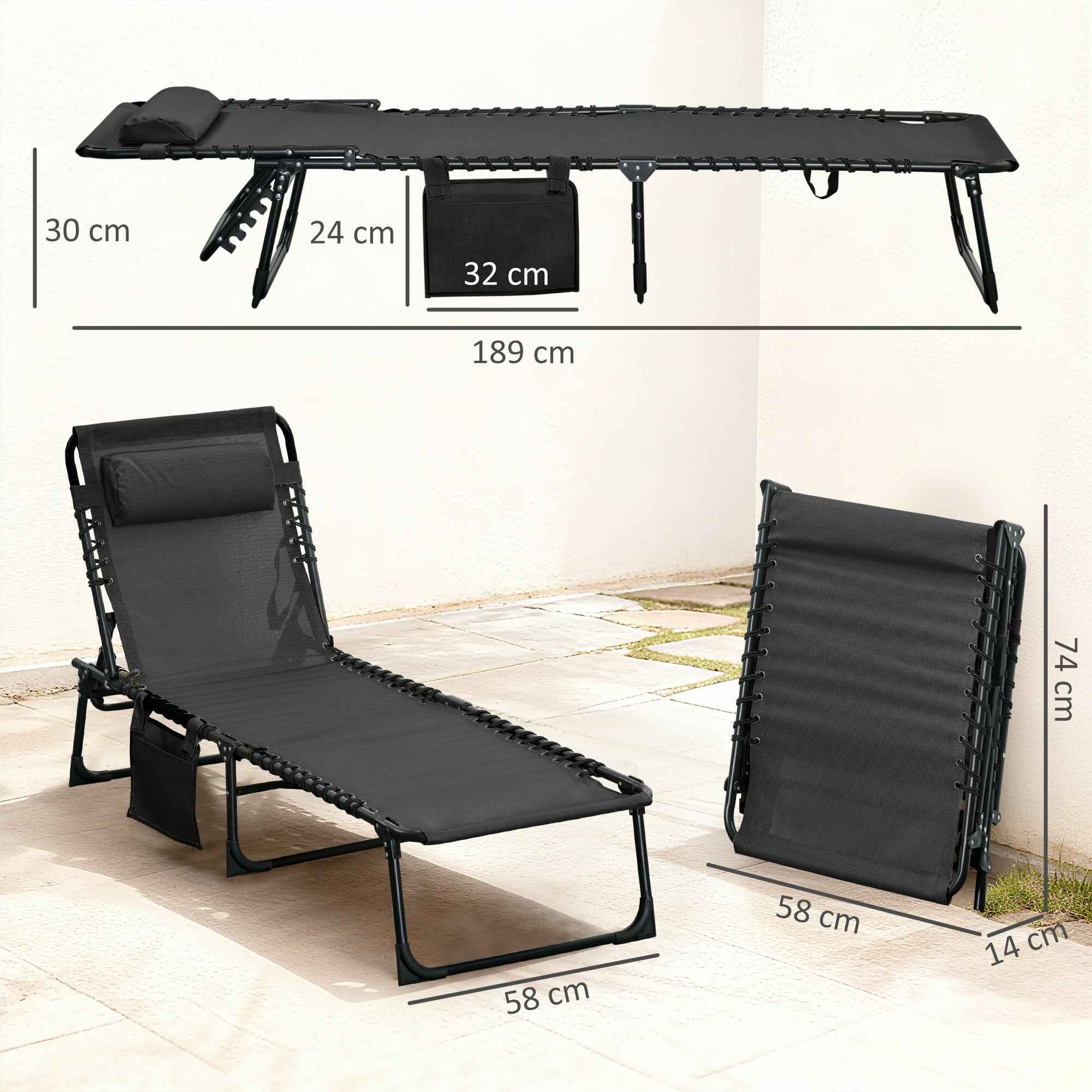 Outsunny Folding Garden Lounger with 5-Position Reclining Backrest and Cushion, 185x58x30cm, Black