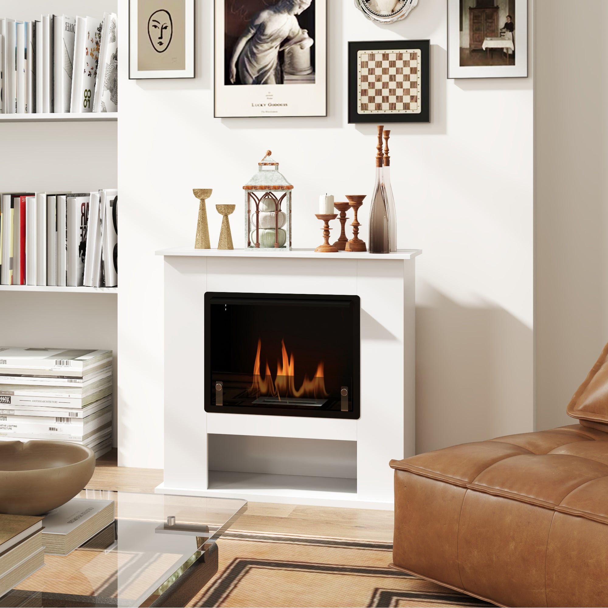 Bioethanol Fireplace 0.9L with Bottom Shelf, Stainless Steel and Tempered Glass, 86x30x82 cm, White