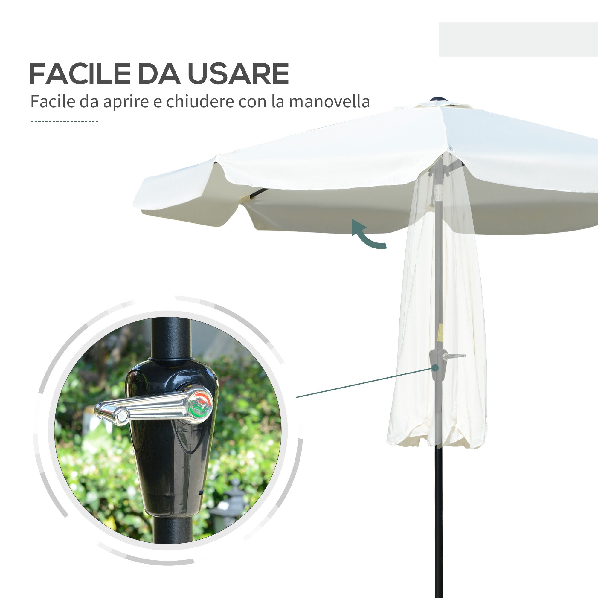 Tiltable Round Umbrella with Crank, in Aluminium, Metal and Polyester, Ø266x248.5 cm, Cream White