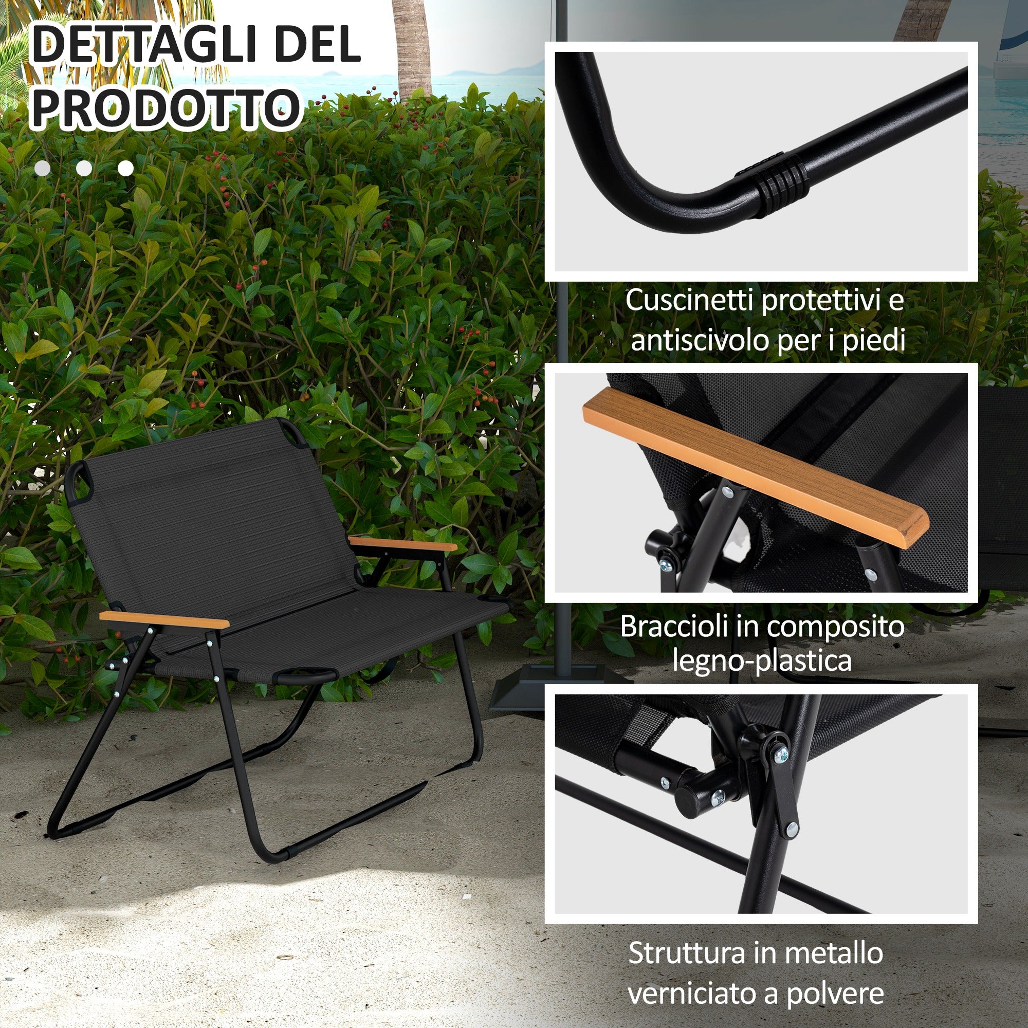 Double 2-Seater Folding Camping Chair in Steel and Oxford Fabric, 108x65x73cm, Black - Borgè