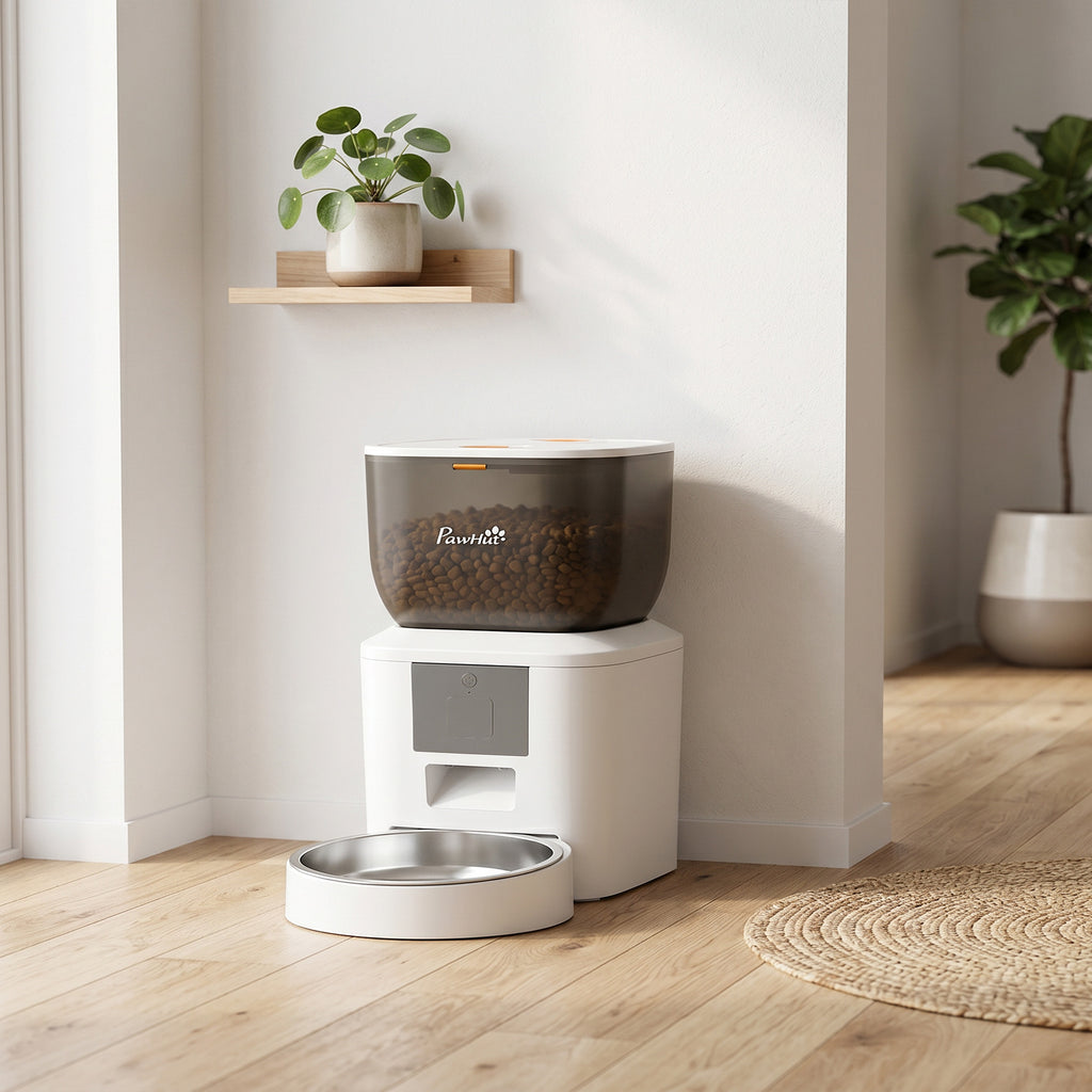 PawHut 4L Automatic Cat Food Dispenser, WiFi 2.4G, App Control with 10s Recording, Bowl, White
