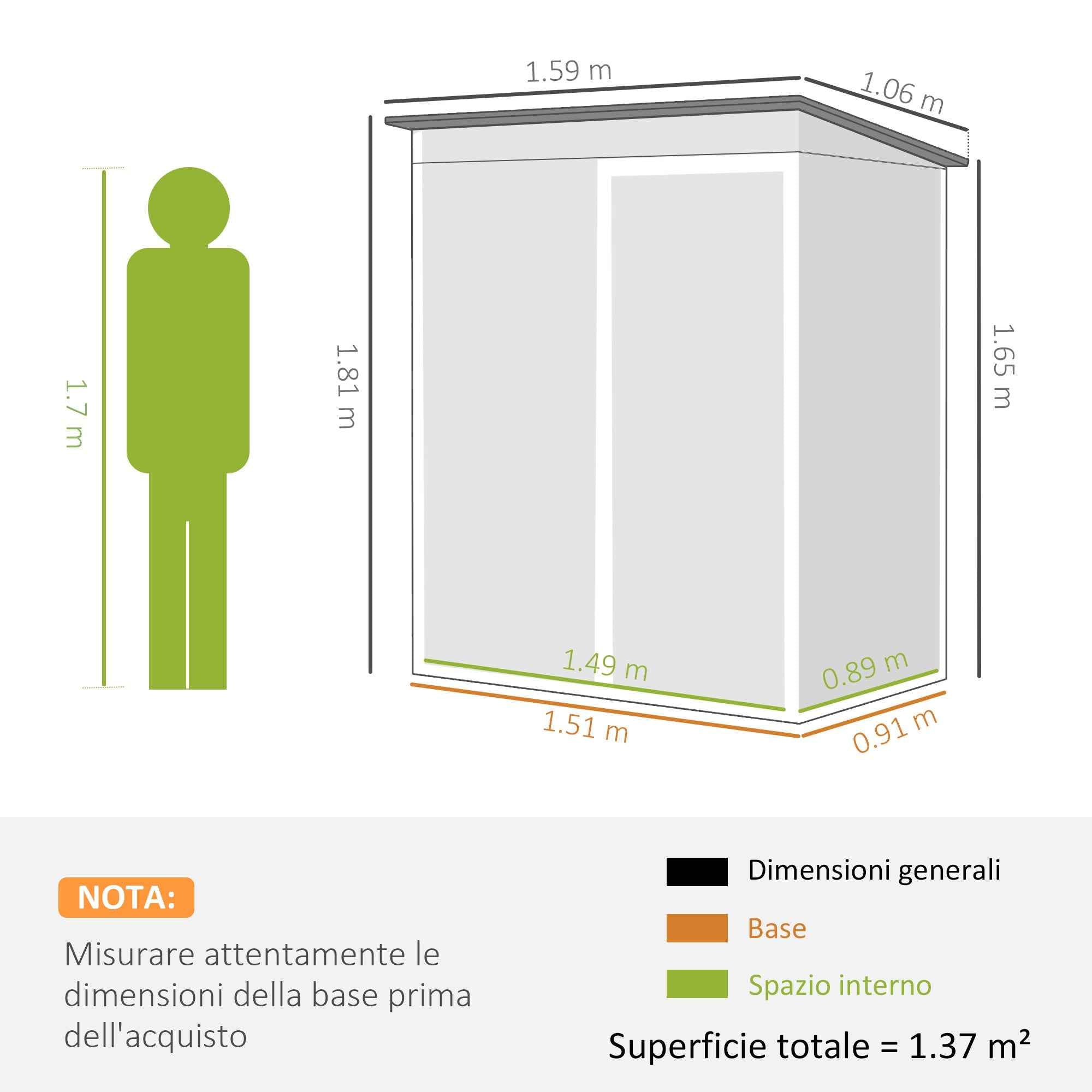 Outsunny Metal Garden Shed with Vents and Sliding Door, 159x106x181 cm, Green