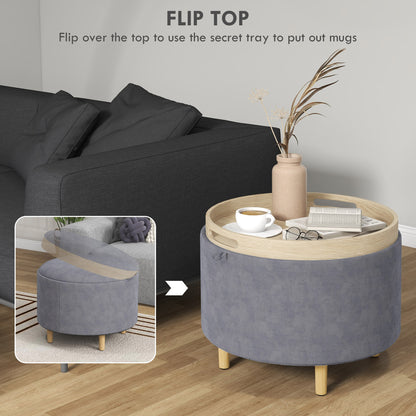 Velvet Storage Pouf 120 kg max with Flip-Top Tray, in MDF and Oak, 56x56x42 cm, Grey