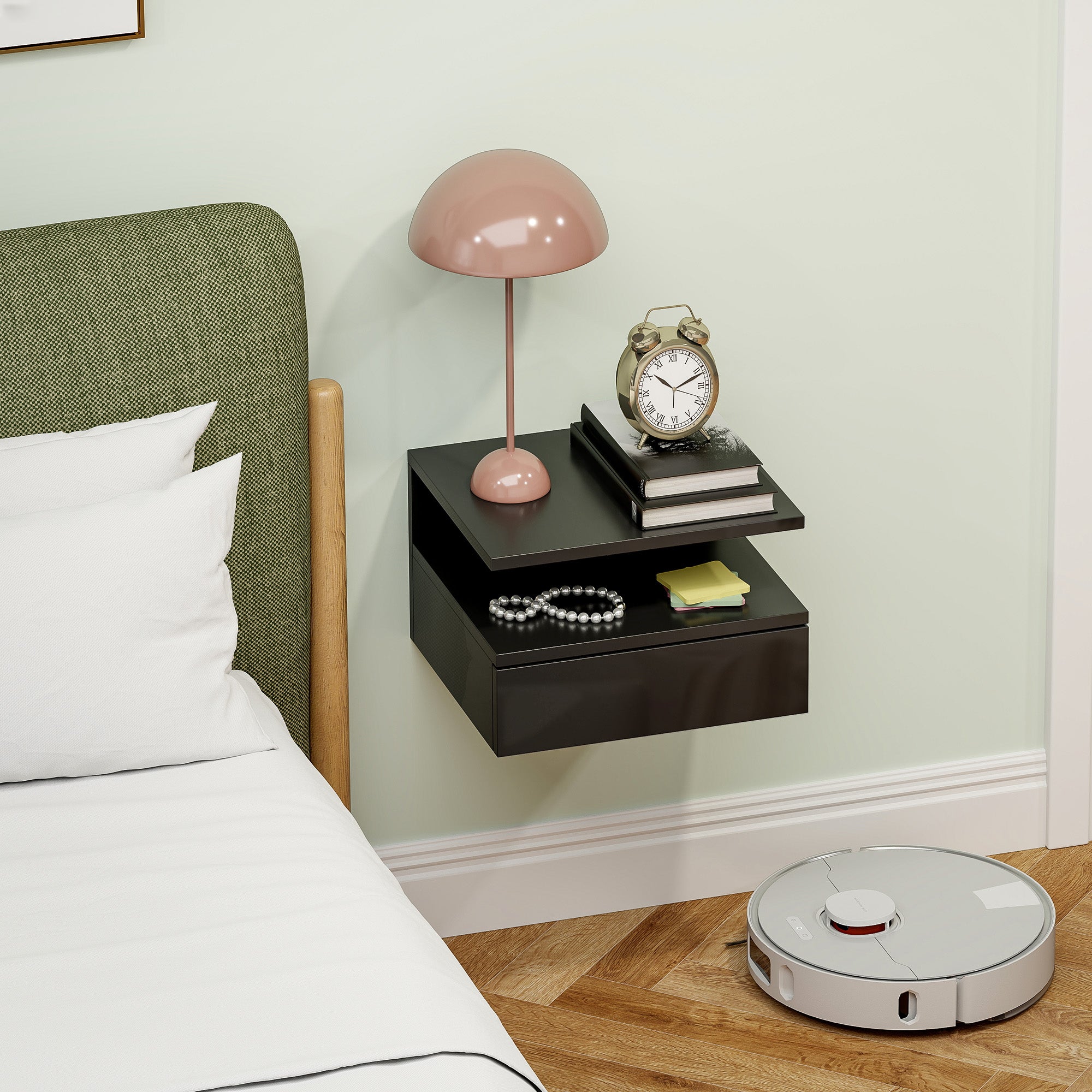 Floating Nightstand for Bedroom with Drawer and Open Shelf in Wood, 35x32x22.5 cm, Glossy Black