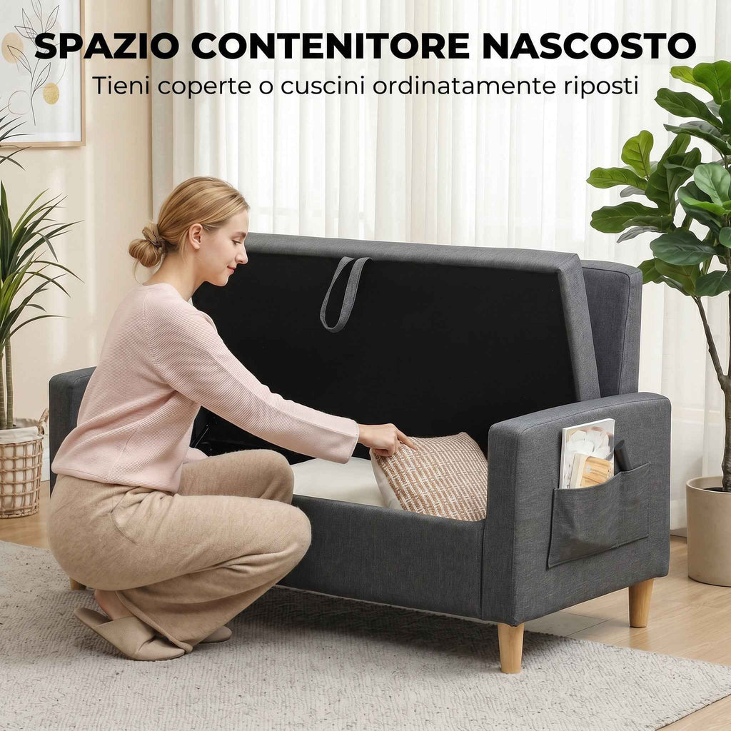 HOMCOM 2-Seater Sofa with Storage Space and Cushions, in Linen and Wood Effect Fabric, 135x72x84 cm, Dark Grey