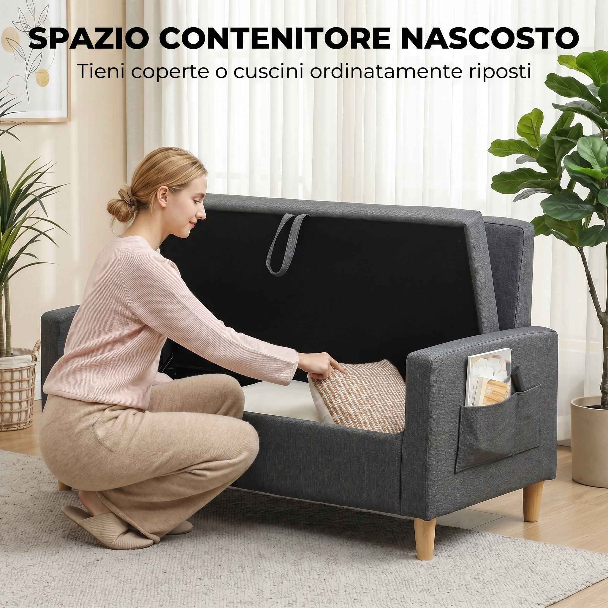 HOMCOM 2-Seater Sofa with Storage Space and Cushions, in Linen and Wood Effect Fabric, 135x72x84 cm, Dark Grey