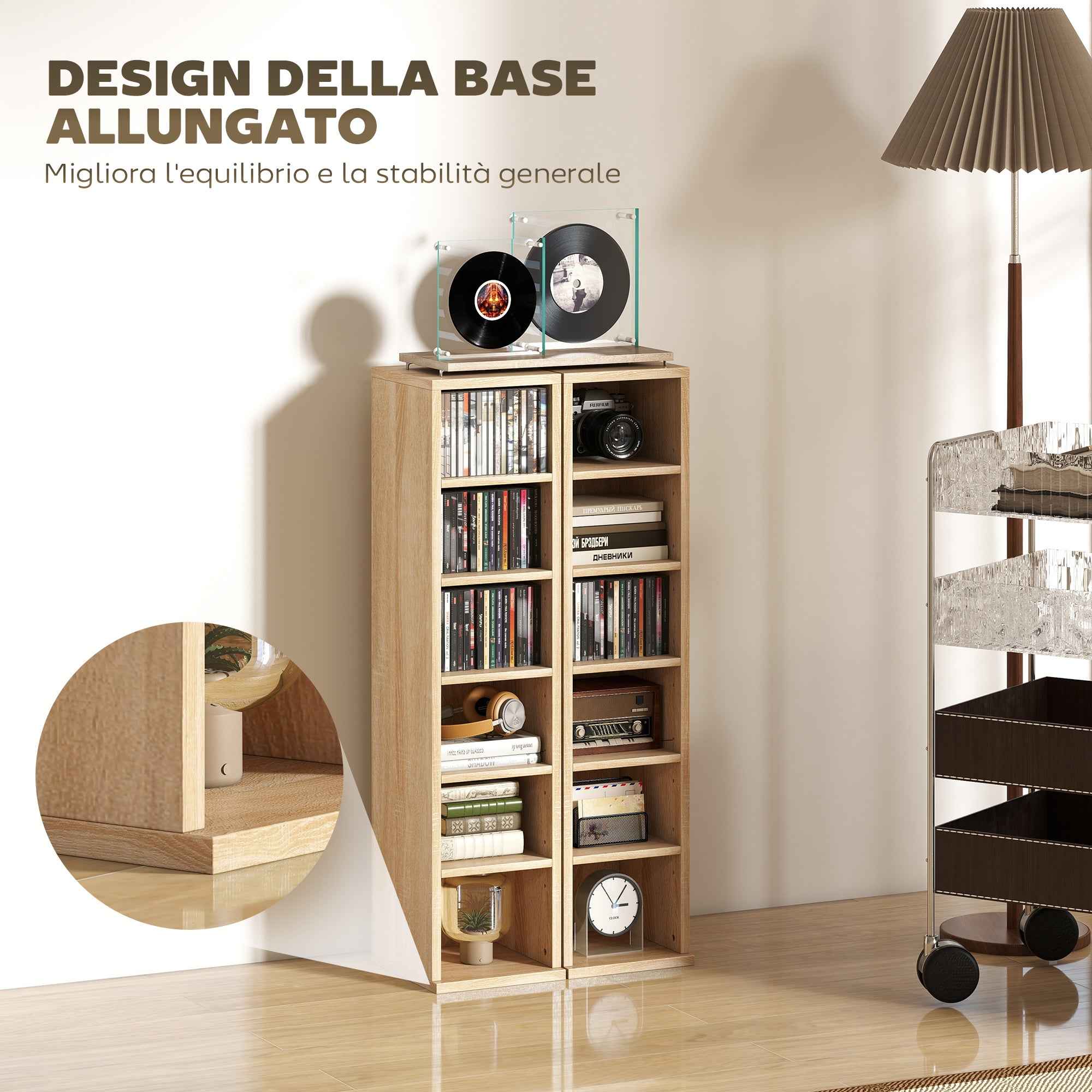 HOMCOM Set of 2 CD Racks with Adjustable Shelves for 204 CDs, Wooden, 21x22.5x88.5 cm, Oak