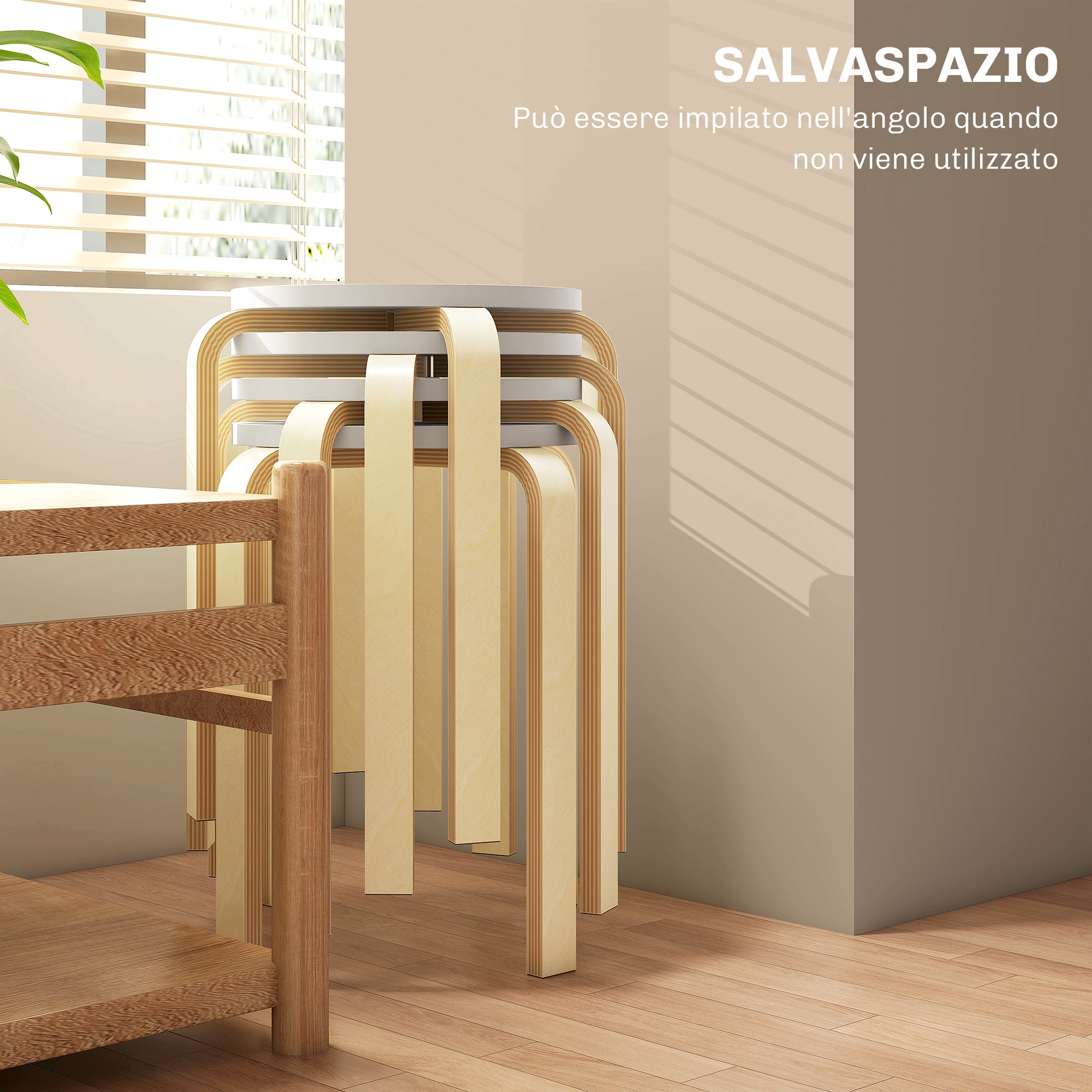 Set of 4 Stackable Round Wooden Stools, White, Ø40x45 cm