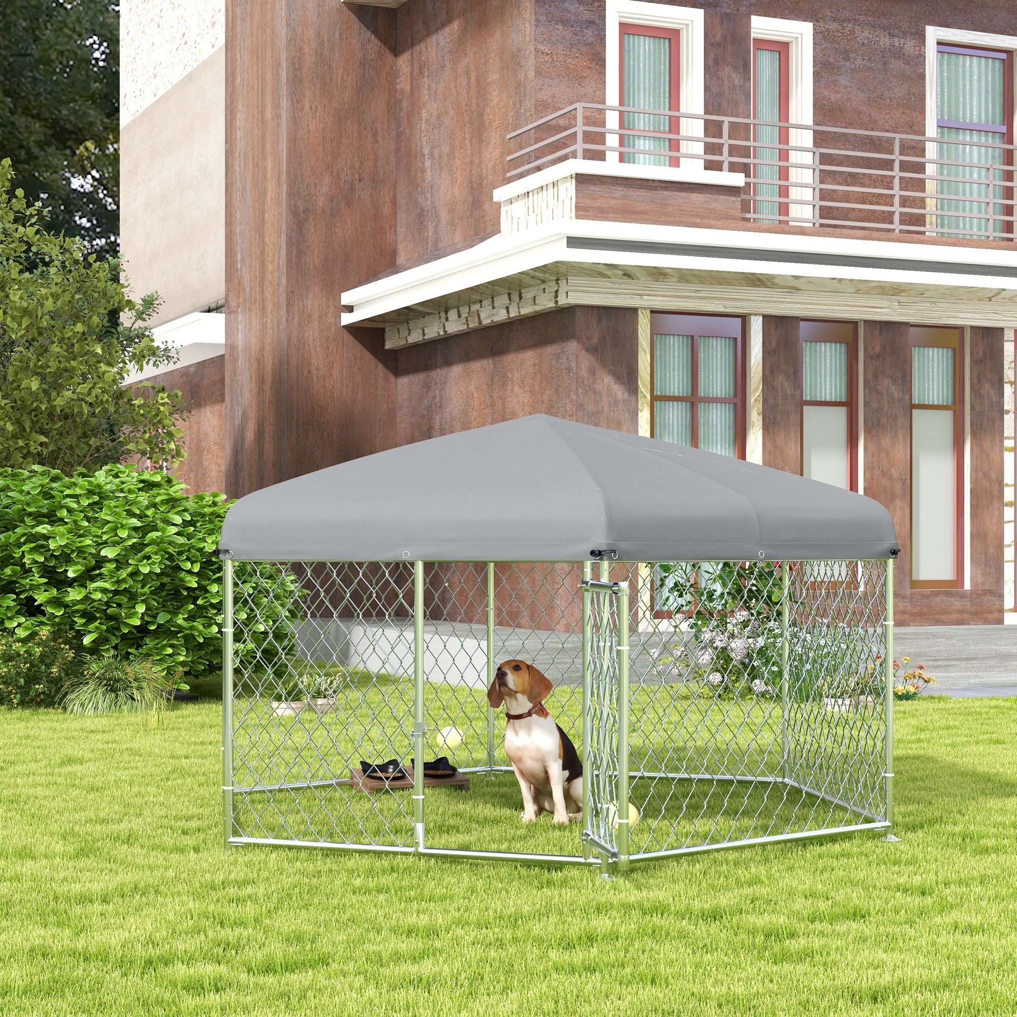 PawHut Large Dog Run with UV-Proof Oxford Fabric Roof, 2.1x1.85x1.5m, Silver and Gray - Borgè