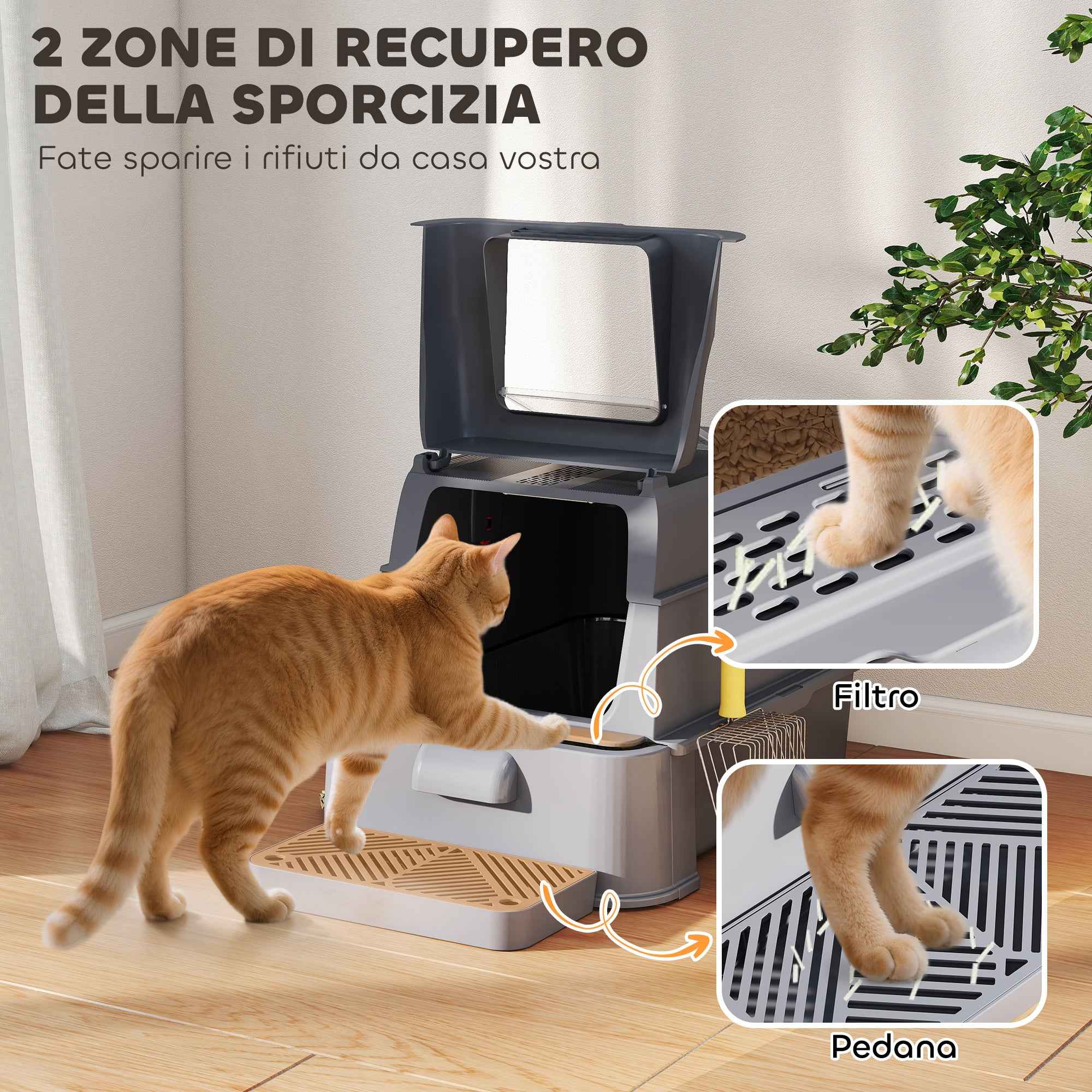 PawHut 80L Enclosed Cat Litter Box with Removable Tray, ABS and Stainless Steel, 63x43x43 cm, Dark Grey