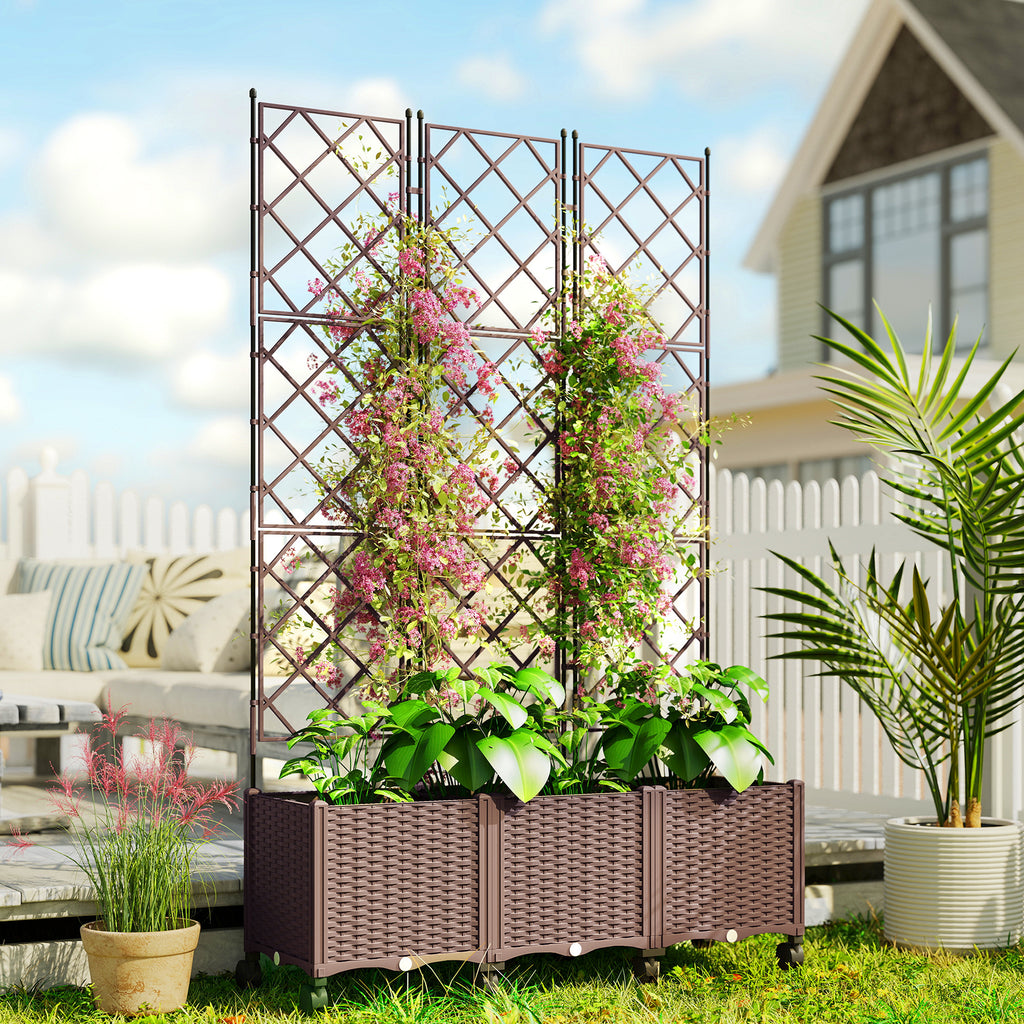 Outsunny 130L Raised Trellis Planter with Lockable Wheels and Self-Watering System, Brown